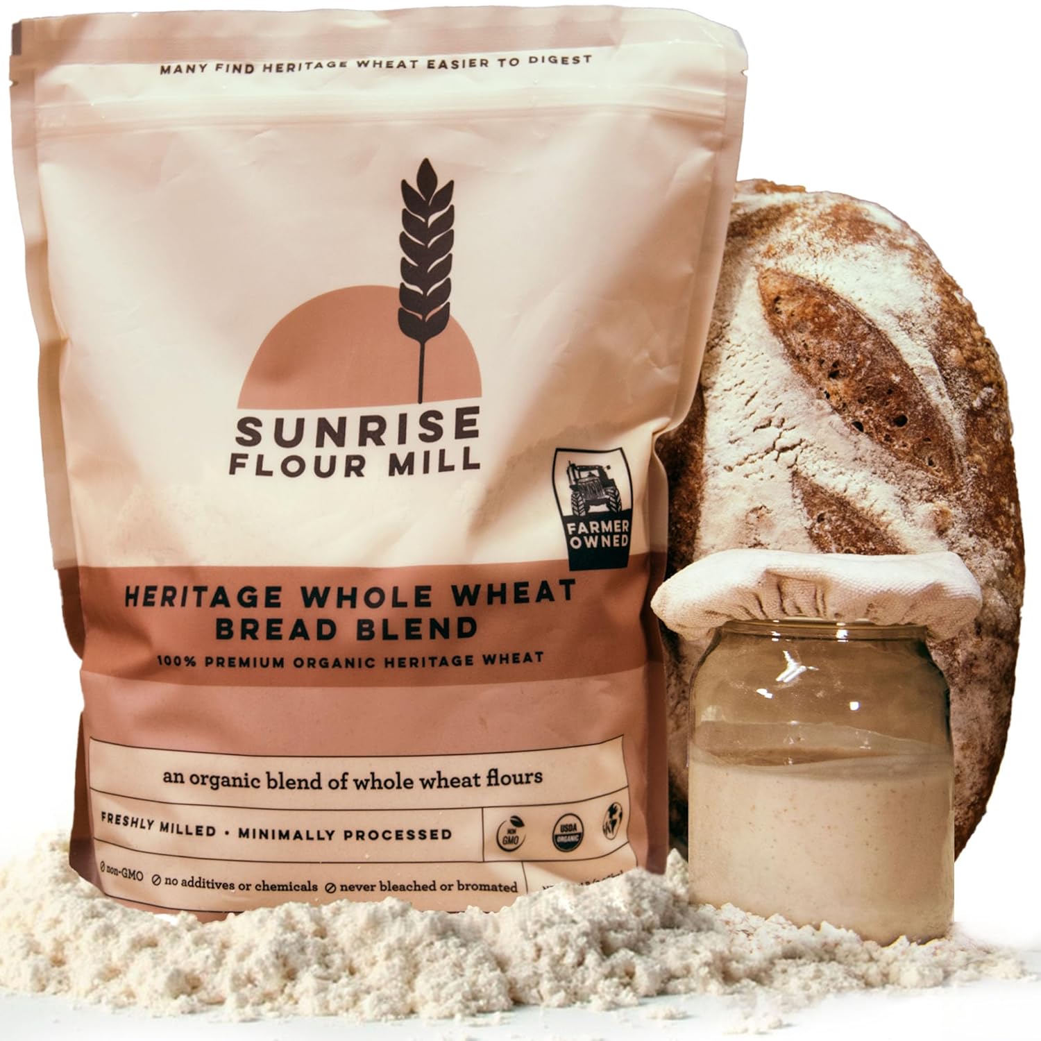 Sunrise Flour Mill Heritage Whole Wheat Bread Blend - 5 lb | USDA Organic All Purpose Flour Unbleached - Non-GMO, Kosher, Glyphosate Free, Ancient Grains, Bread Flour Organic.