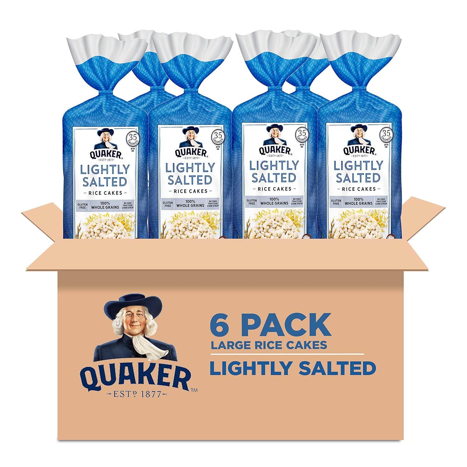 Quaker Large Rice Cakes, Lightly Salted, Gluten Free, 100% Whole Grains, 4.47 Oz, Pack of 6