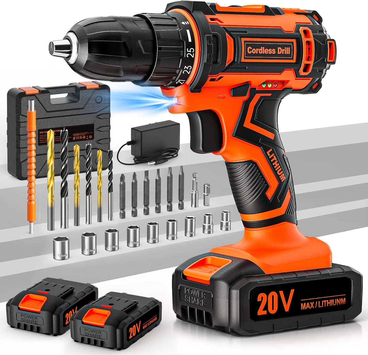 FAHEFANA Cordless Drill, 20V Drill Set, 2 Batteries 2000mAh, Electric Screwdriver, 42Nm Electric Power Drill Driver, 25+1 Torque, 2 Speed, LED Light, 24 Accessories, Battery Combi drill for Home & DIY