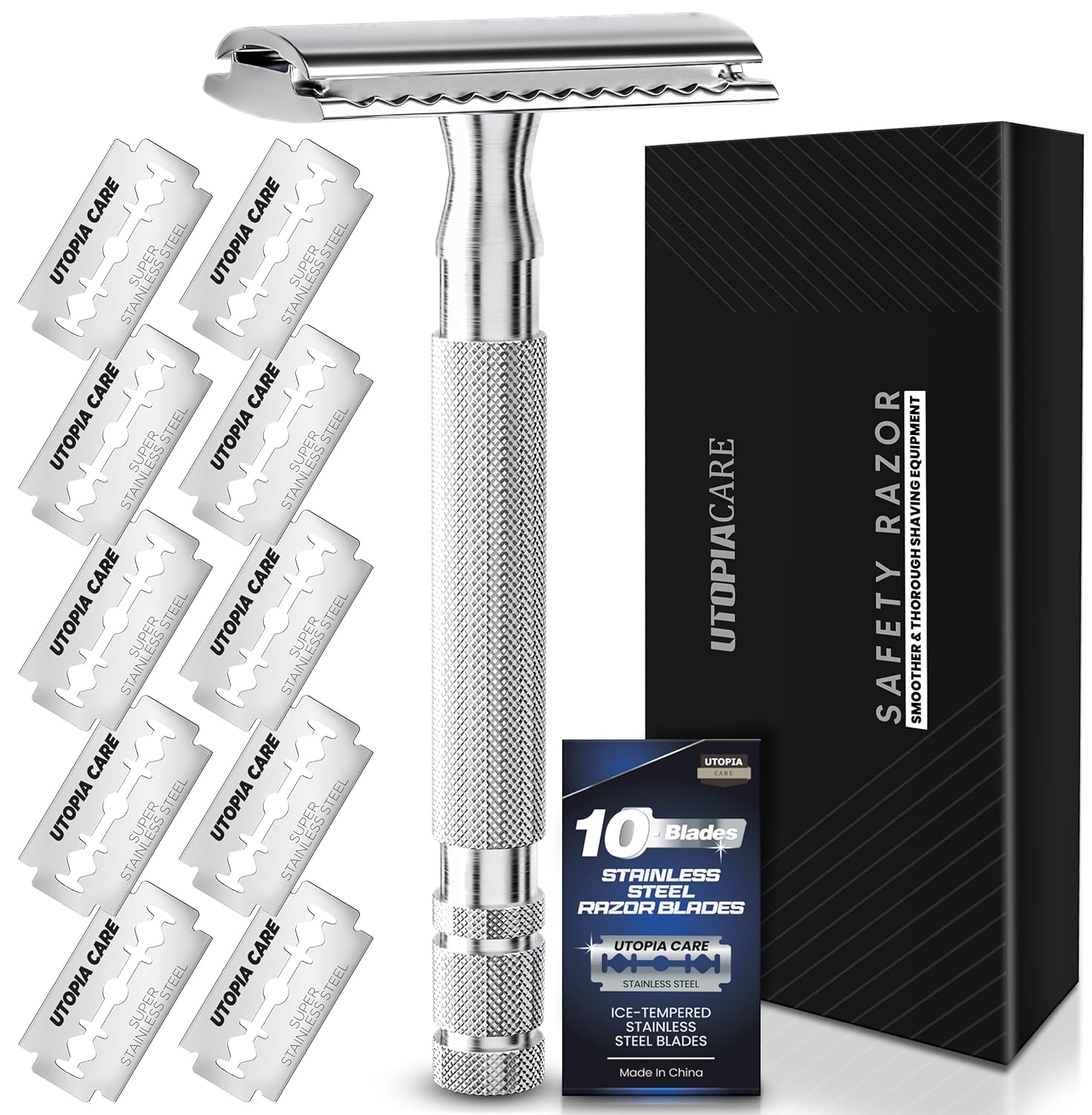 Utopia Care Double Edge Safety Razor for Men & Women with 10 Premium Stainless Steel Blade Refills, Reusable Single Blade Razor, Silver