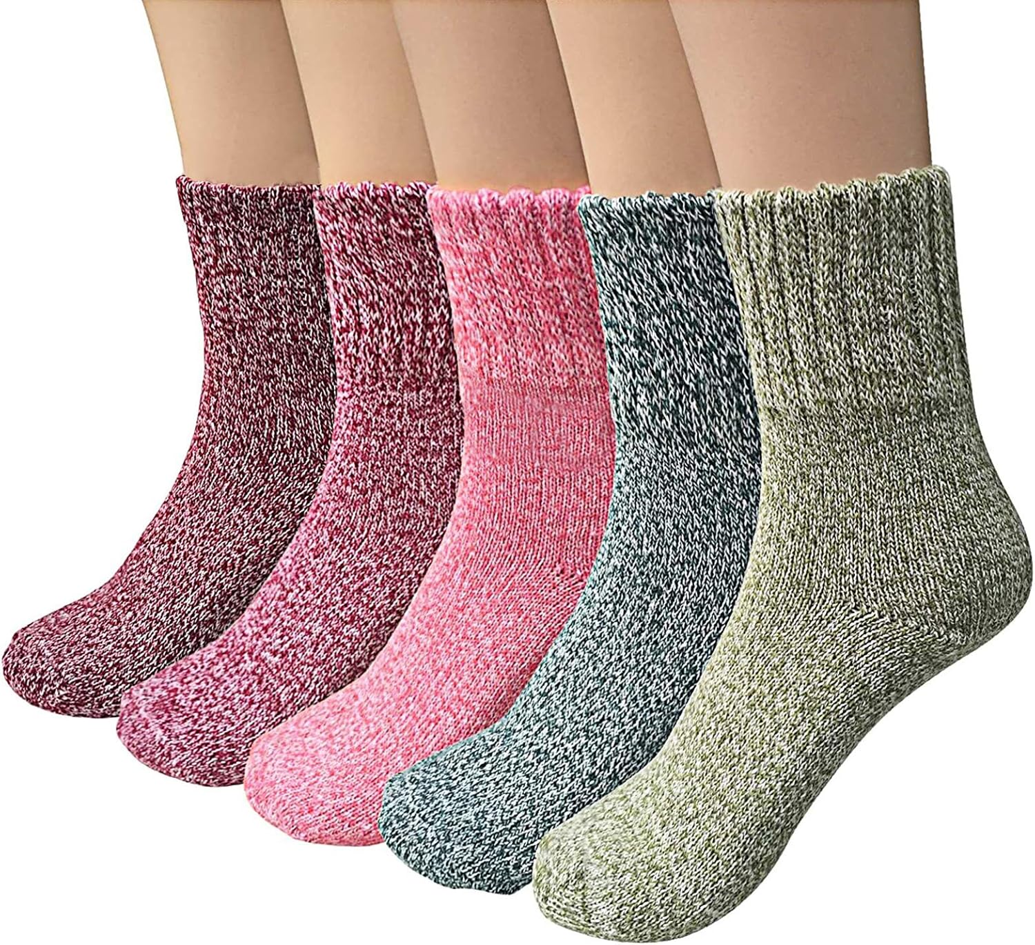 Airabc Thermal Winter Women Socks 5 Pairs Wool Warm Knitting Ladies Socks Vintage Style Soft Cotton Thick Woman Bed Sock Multicoloured for Home Office School Hiking, Ideal Christmas Gifts for Women