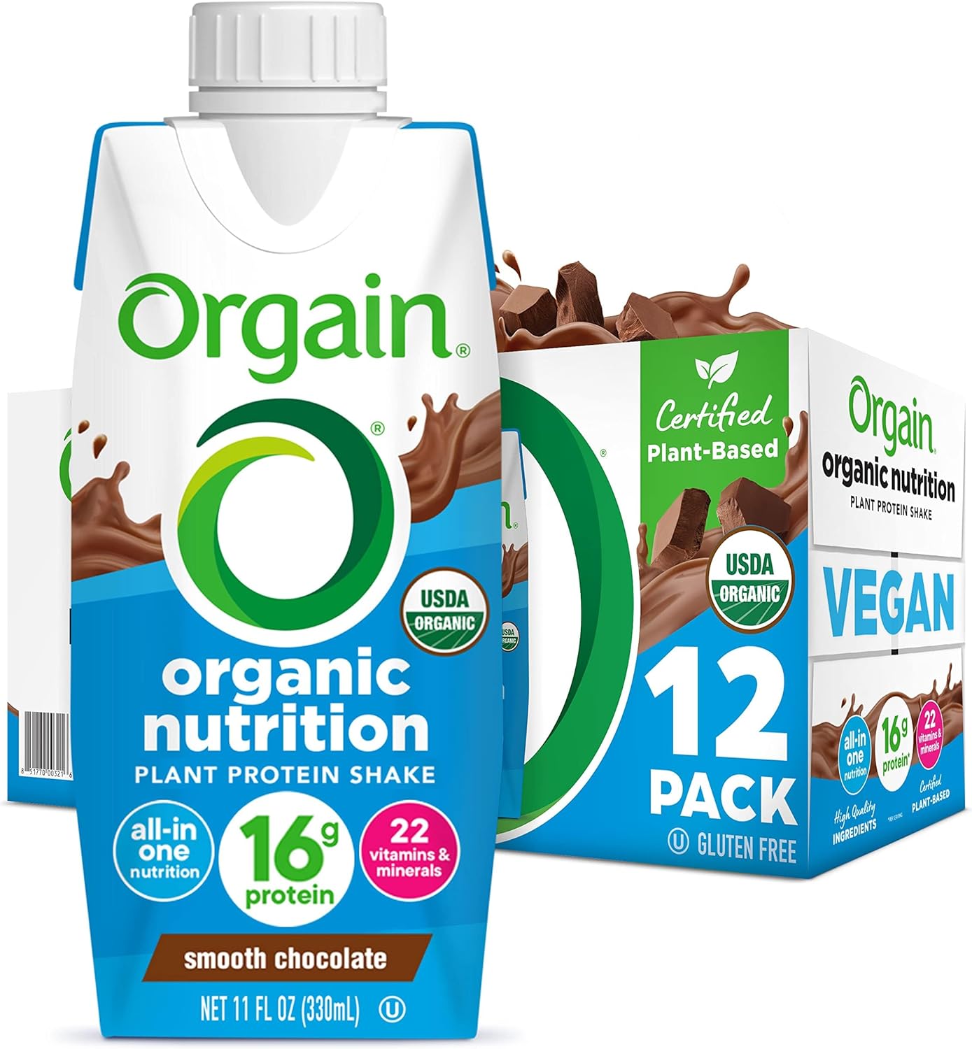 Orgain Organic Nutritional Vegan Protein Shake, Smooth Chocolate - 16g Plant Based Protein, Meal Replacement, 22 Vitamins & Minerals, Fruits & Vegetables, Gluten Free, Non-GMO, 11 Fl Oz (Pack of 12)