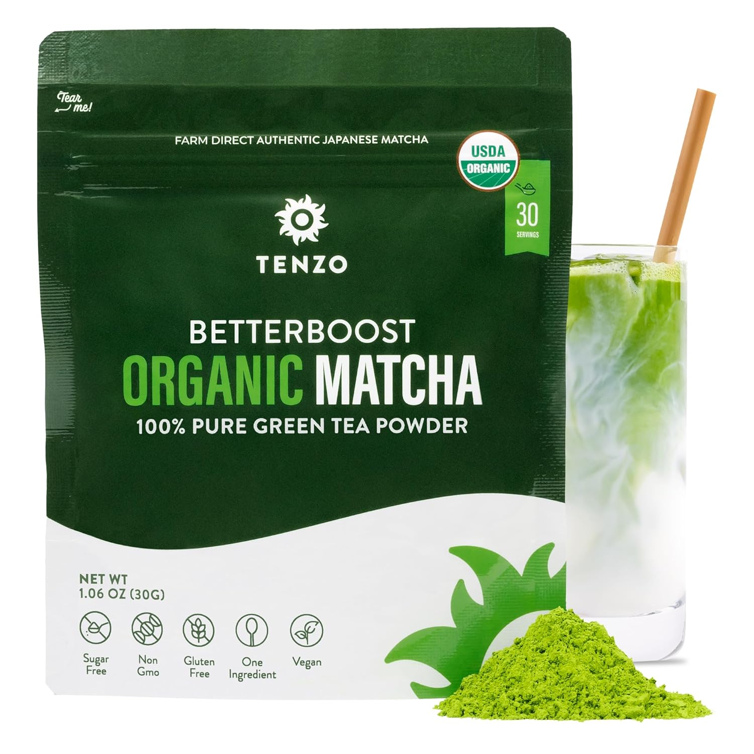 Tenzo Tea Matcha Green Tea Powder - Matcha Powder USDA Organic Premium Grade - Authentic Japanese Matcha Tea - Original Matcha Latte Powder - BetterBoost 30g