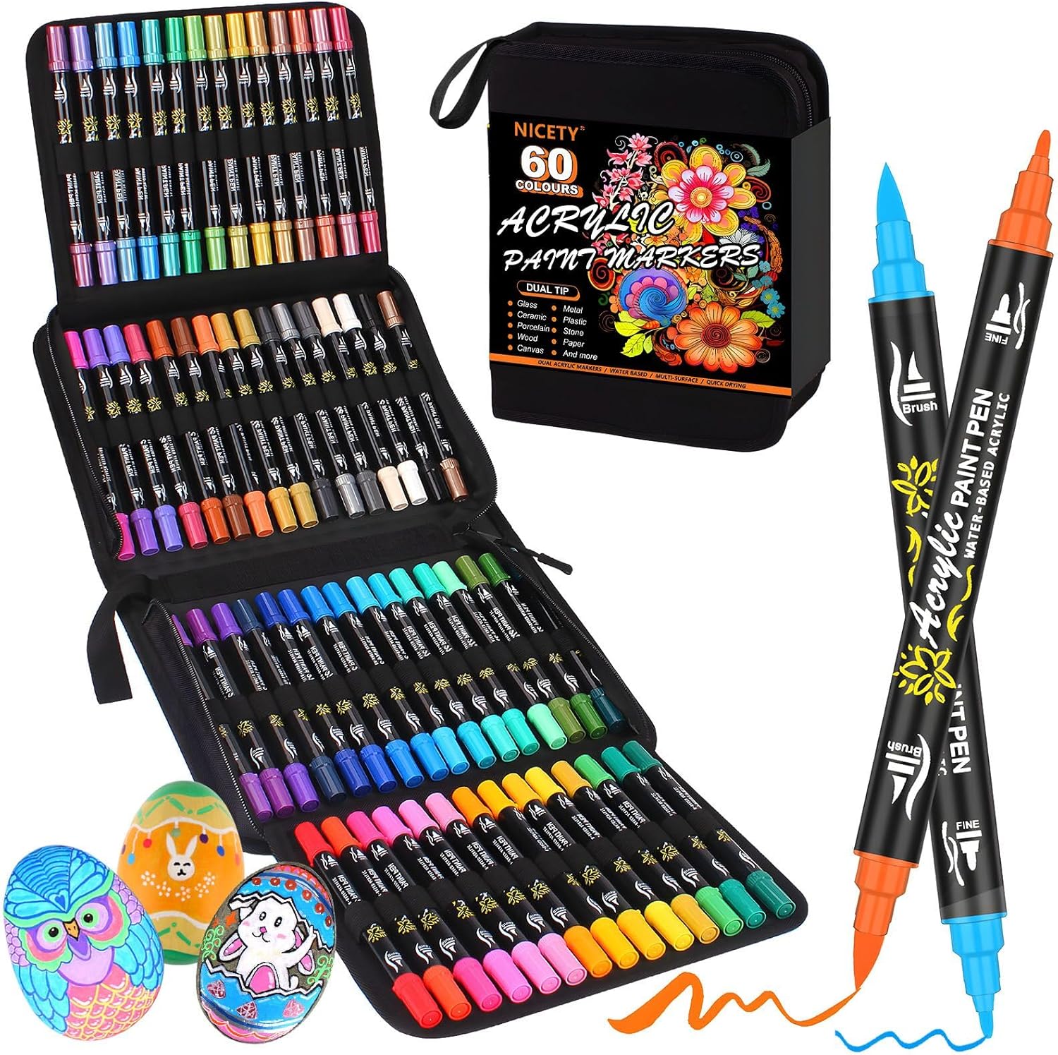 NICETY Acrylic Paint Pens Paint Markers - 60 Colours Dual tip Brush Paint Markers for Rock Painting Stone Wood Glass Ceramic - Fine & Brush Tip Water Based Acrylic Markers pens