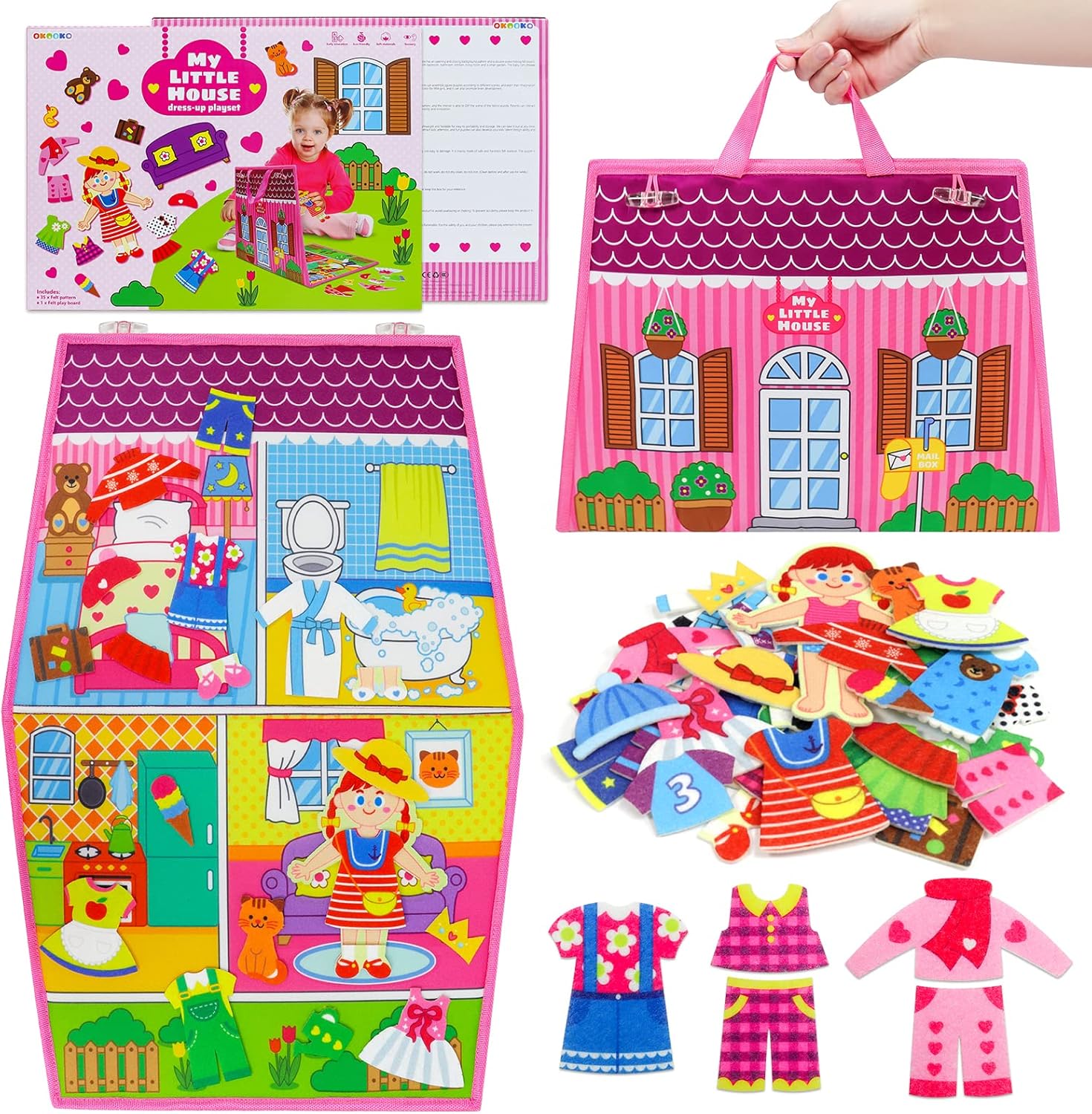 OKOOKO Dress Up House Felt Board 35PCS Double-Sided Foldable Dress Up Teaching Girls Toy Preschool Crafts Storytelling Early Learning Interactive Play Kit for Toddlers Kids