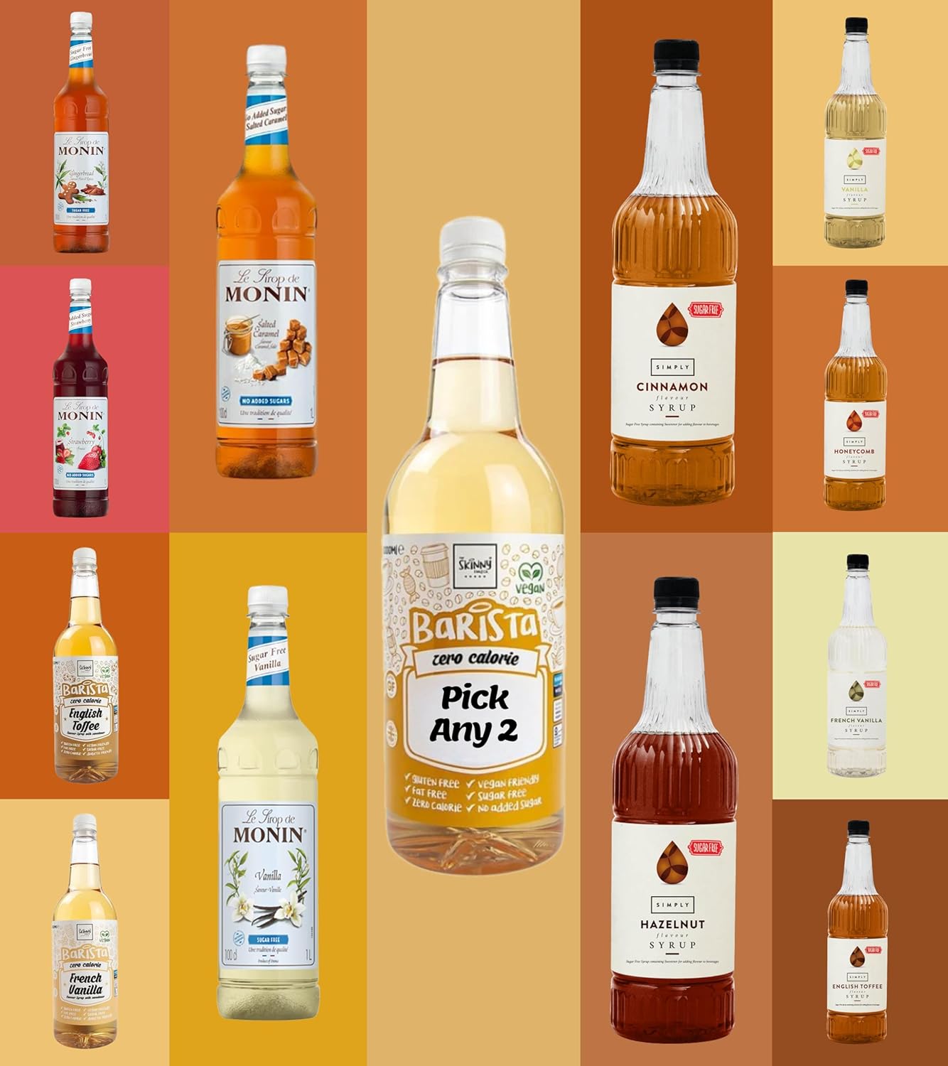 Sugar Free Coffee Syrups 1l PICK ANY 2 Bottles - The Skinny Food Co, Monin, IBC Simply - Barista Syrup Flavours, Zero Calorie, Vegan, Gluten Free, Fat Free. No Guilt Sugar Free - Skinny Syrup