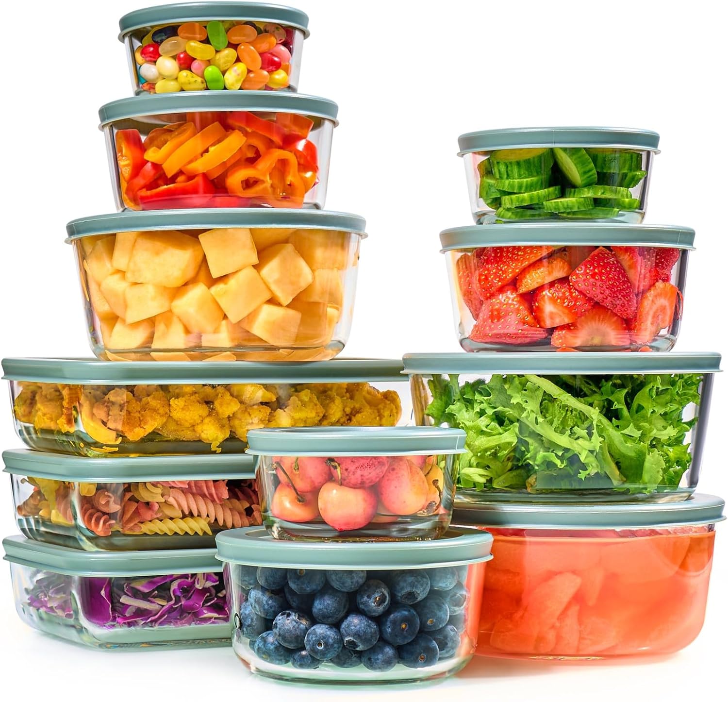 24pc Set Glass Food Storage Containers & Bowls with Airtight Lids - Leakproof BPA-Free Meal Prep Airtight Stackable Lunch Boxes, Kitchen Pantry & Storage Organizers - Microwave Freezer Dishwasher Safe