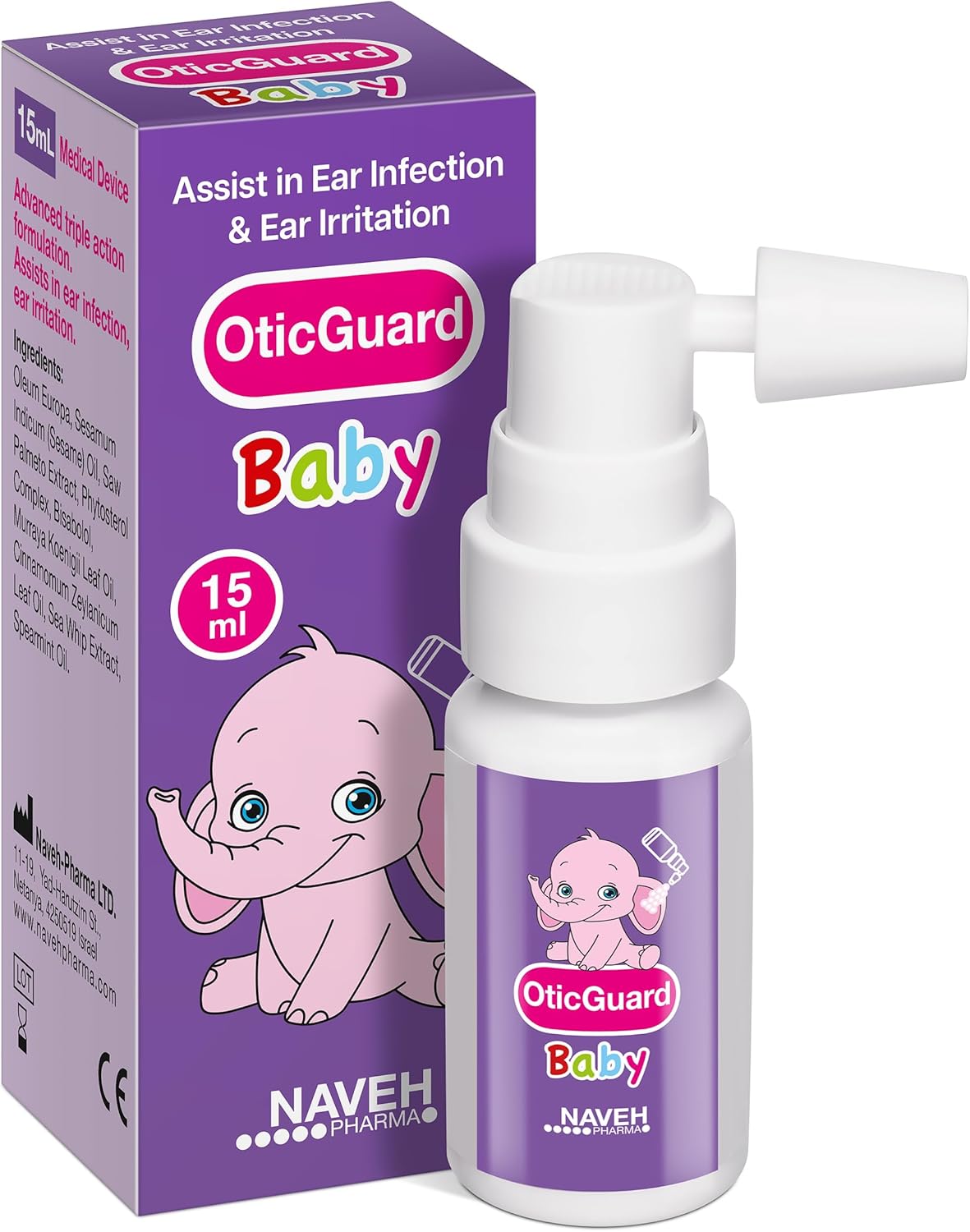 NAVEH PHARMA Otic Guard Baby - Natural Ear Spray Drops | Organic Herbal Sweet Oil Blend 3 in 1| Itchy Ear, Swimmer's Ear, & Ear Wax Removal | Clogged Ears | 0.5 Fl Oz