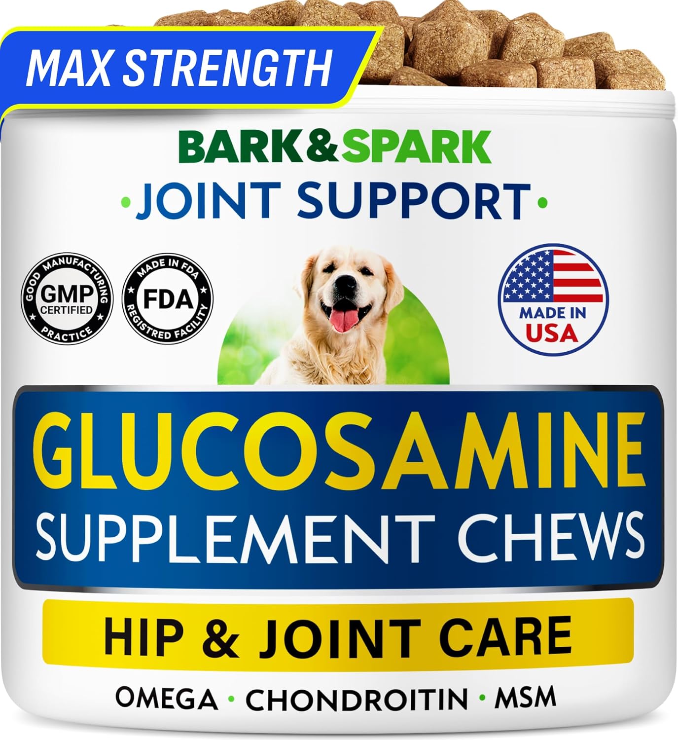 BARK&SPARK Glucosamine Chondroitin Dog Hip & Joint Supplement - Joint Pain Relief - Hip & Joint Chews - Joint Support Large & Small Breed - Senior Doggie Vitamin Pills Joint Health (120 Treats)
