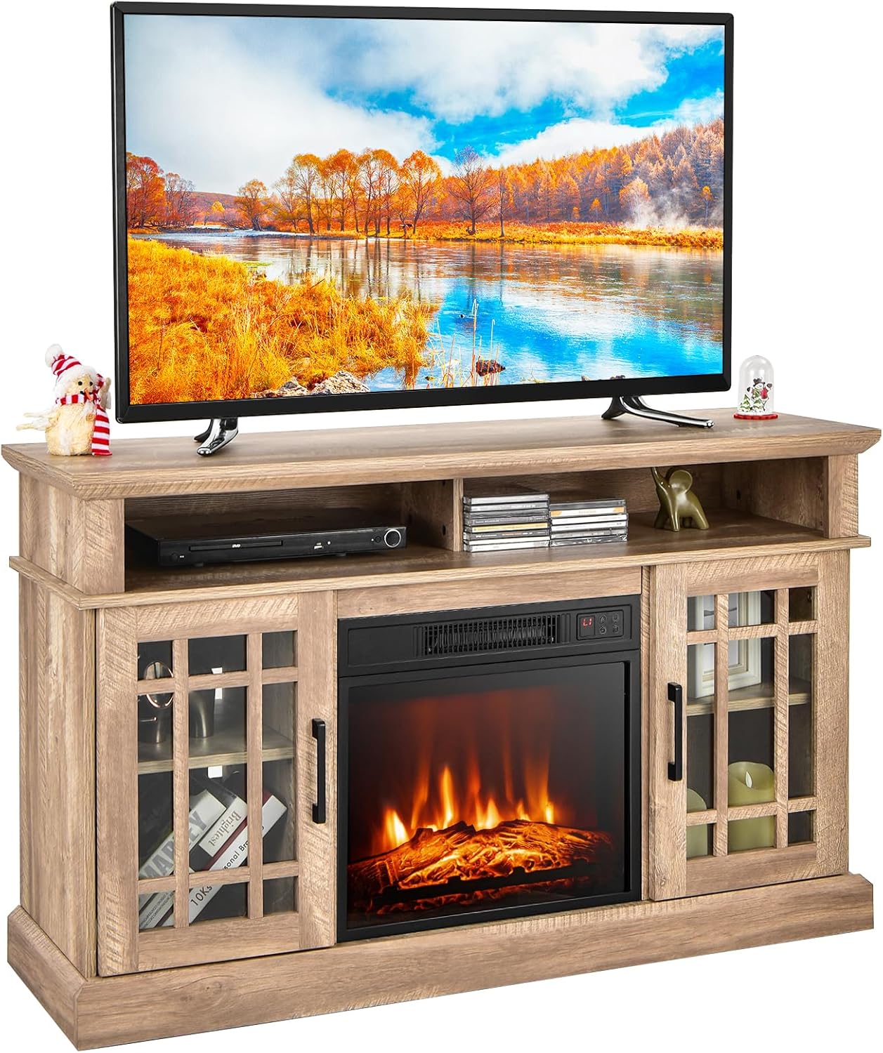 Tangkula Electric Fireplace TV Stand for TVs Up to 55 Inch, Fireplace Entertainment Center with Two Side Cabinets & Adjustable Shelves, Electric Heater with Overheat Protection, Remote Control
