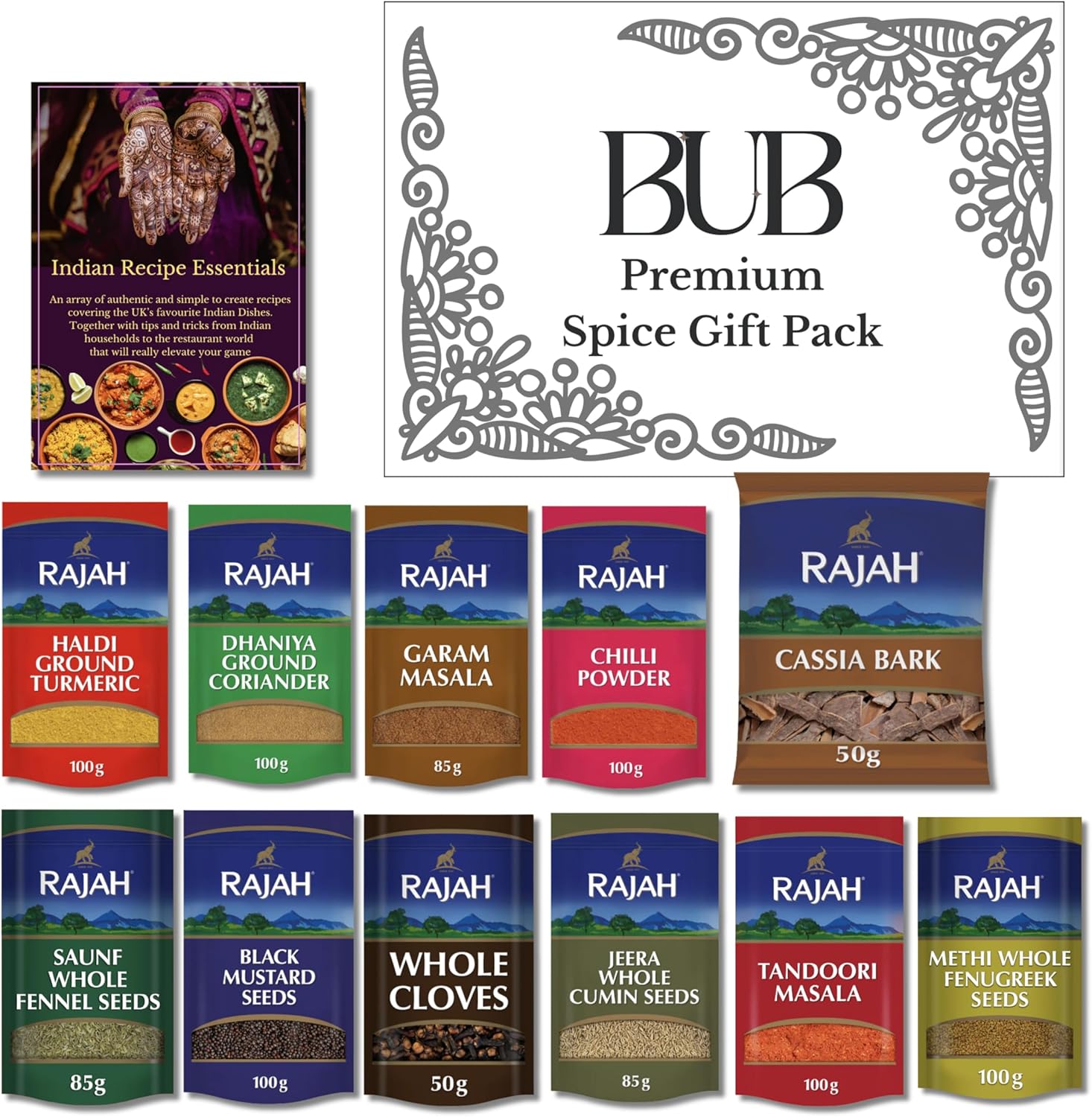 BUB Indian Spices for Cooking Gift Box & Curry Kit - Indian Essentials Recipe Booklet & Premium Quality Rajah Spices - Gift Refill Kit - Perfect Cooking Starter Box (11 ITEM PREMIUM)