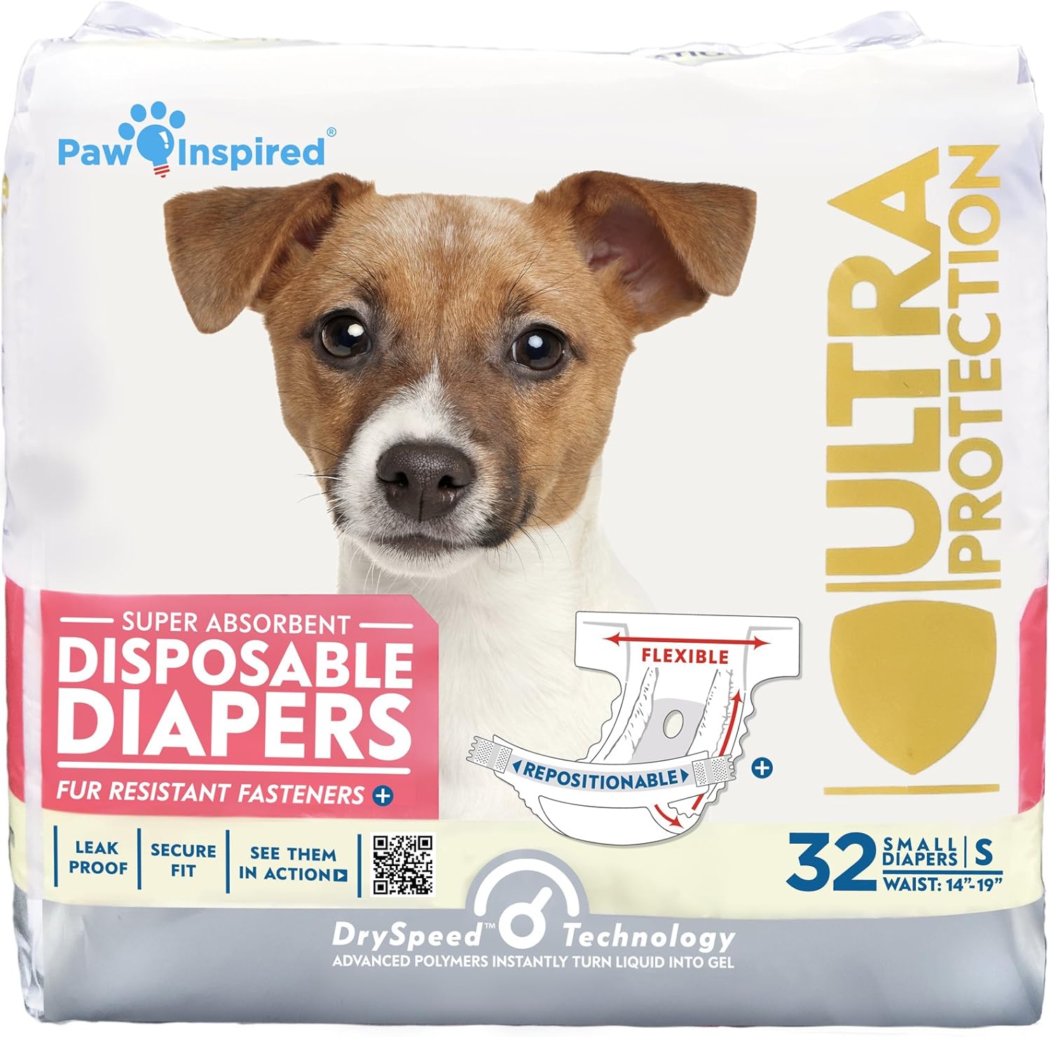 Paw Inspired 32ct Disposable Dog Diapers | Female Dog Diapers Ultra Protection | Diapers for Dogs in Heat, Excitable Urination, or Incontinence (Small)