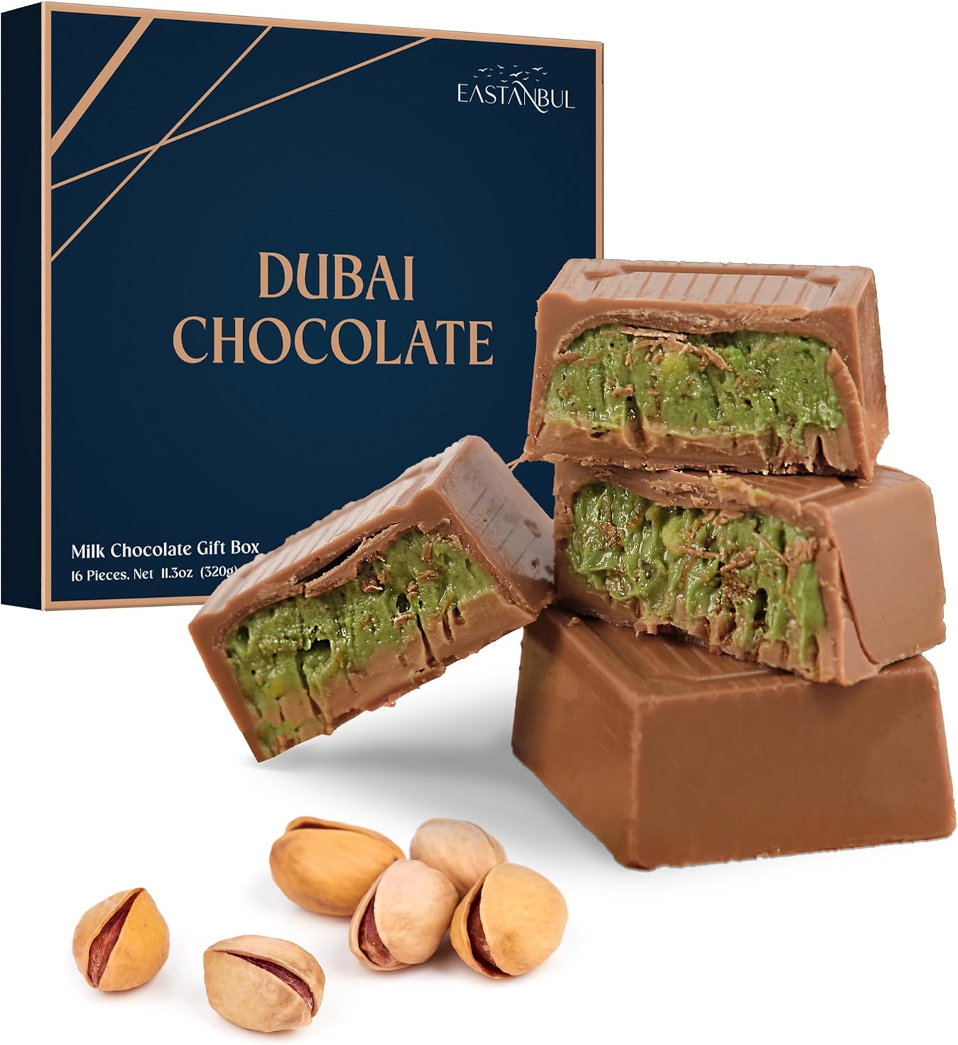 Eastanbul Dubai Chocolate Bar Pistachio, 320g, Premium Pistachio Dubai Chocolate Bar, 16 Pieces Dubai Chocolate Bites with Shredded Phyllo Dough, Dubai Knafeh Pistachio Chocolate Bar