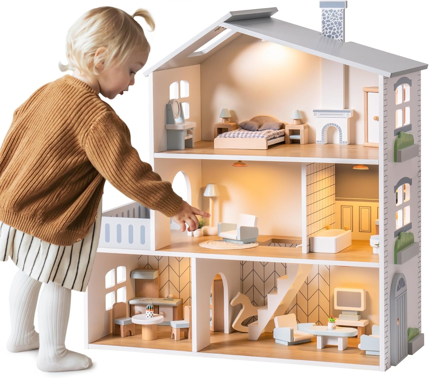 ROBOTIME Wooden Dollhouse, Dollhouse with 23 Pieces of Furniture, 5 Rooms, Wooden Doll House for 4, 5, 6-Inch Dolls, Dollhouse Gift for Kids Ages 3+