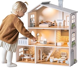 ROBOTIME Wooden Dollhouse, Dollhouse with 23 Pieces of Furniture, 5 Rooms, Wooden Doll House for 4, 5, 6-Inch Dolls, Dollhouse Gift for Kids Ages 3+