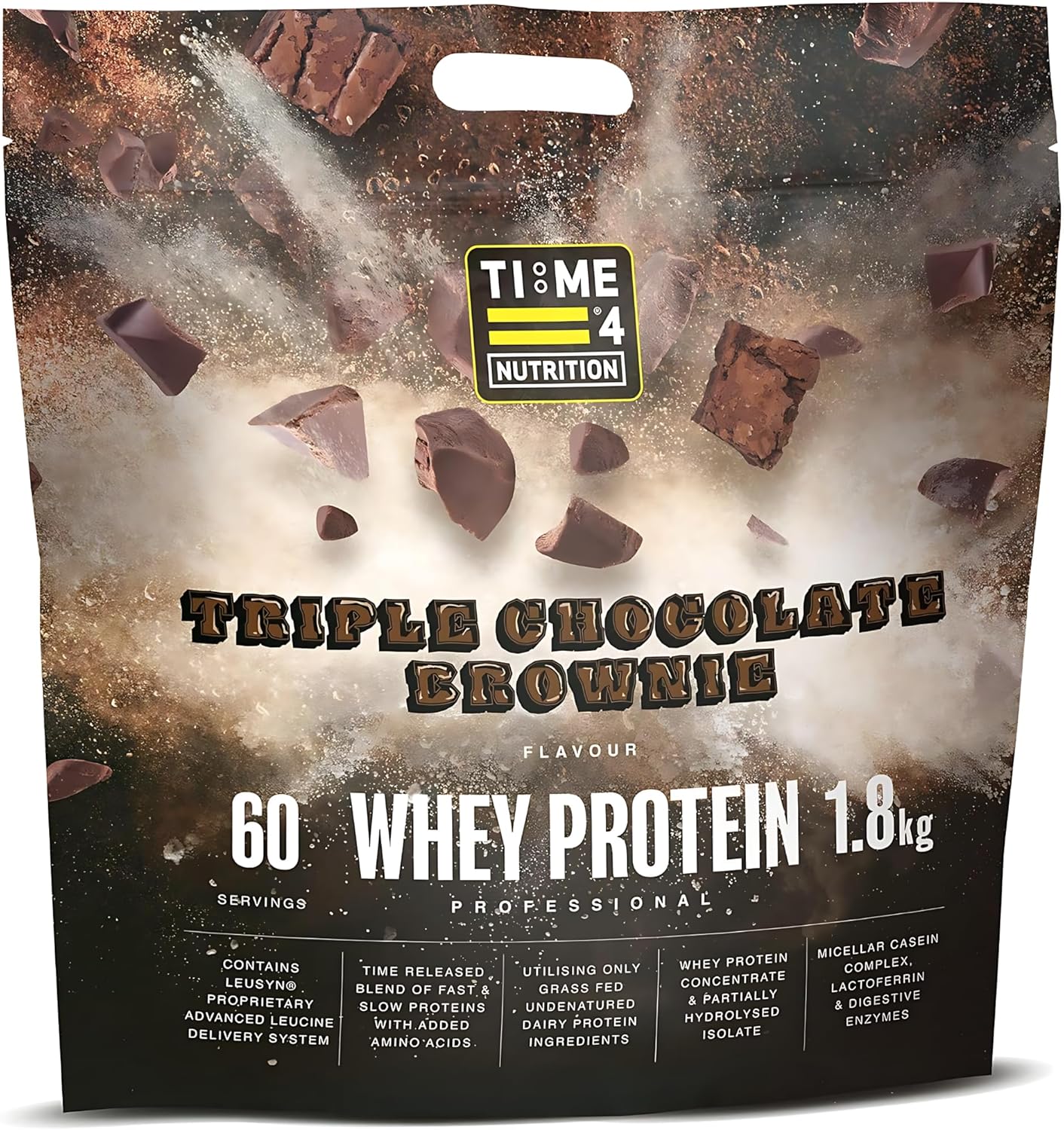 Time 4 Nutrition Whey Protein Professional Time Release Grass Fed Native Whey Protein Concentrate, Partially Hydrolysed Isolate & Micellar Casein (Triple Chocolate Brownie, 1.8kg Bag)
