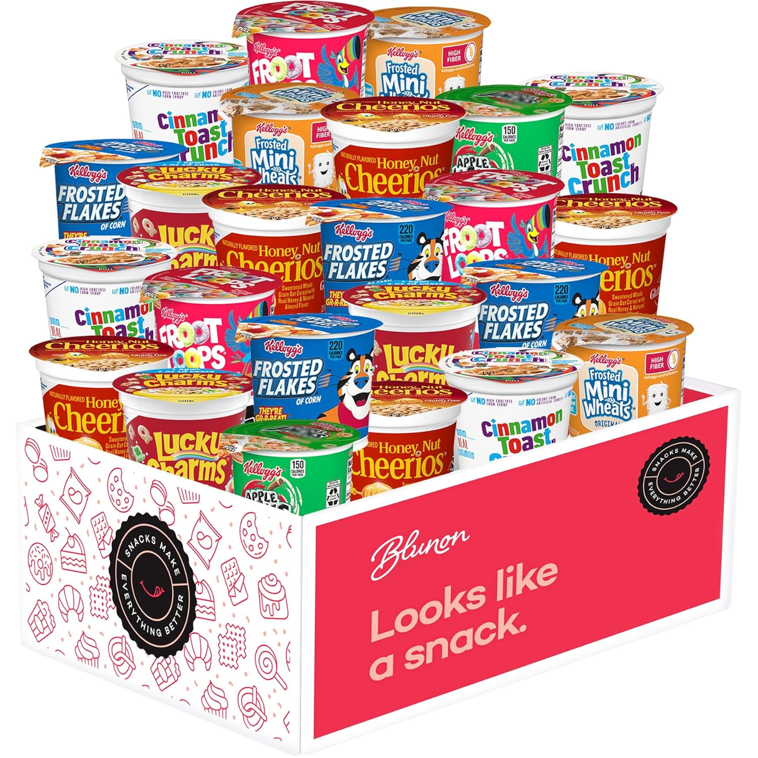 Cereal Cups Variety Pack - Single Serve Breakfast Cereal Assortment - Mini Wheats, Frosted Flakes, Froot Loops, Honey Nut Cheerios, Lucky Charms, Cinnamon Toast Crunch, Apple Jack - Care Package Gift Box (24 Count)