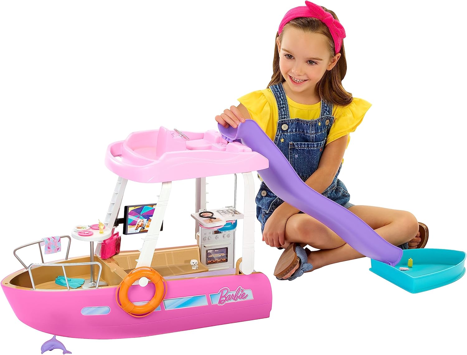 Barbie Boat with Pool and Slide, Dream Boat Playset Includes 20+ Pieces Like Dolphin and Accessories, HJV37