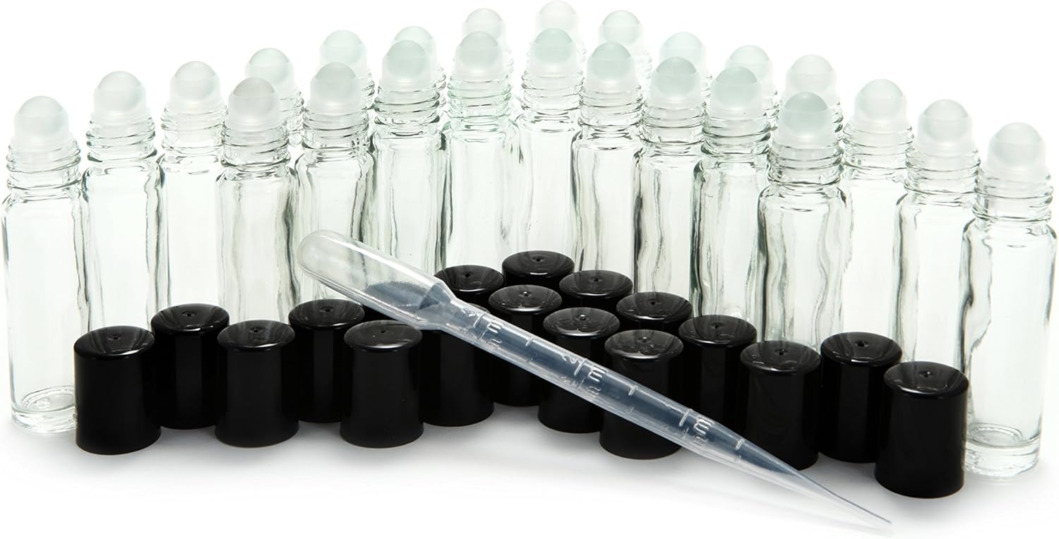 24, Clear, 10 ml Glass Roll on Perfume Bottles with 3 ml Dropper