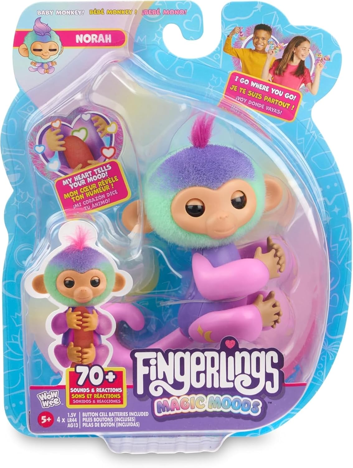 Fingerlings Magic Moods Interactive Baby Monkey Age 5+, Norah (Teal & Purple), Tells Fortune and Mood, 70+ Sounds & Reactions (Ages 5+)