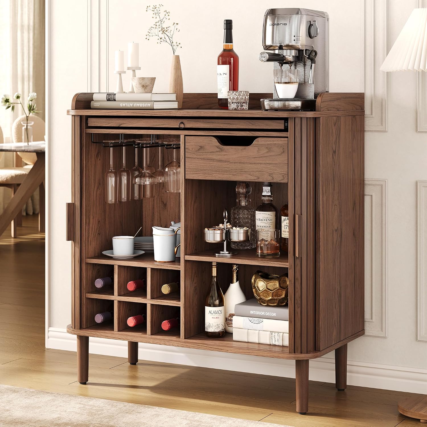 ONBRILL Fluted Bar Cabinet with Storgae, Wine Cabinet, 33" H, Walnut