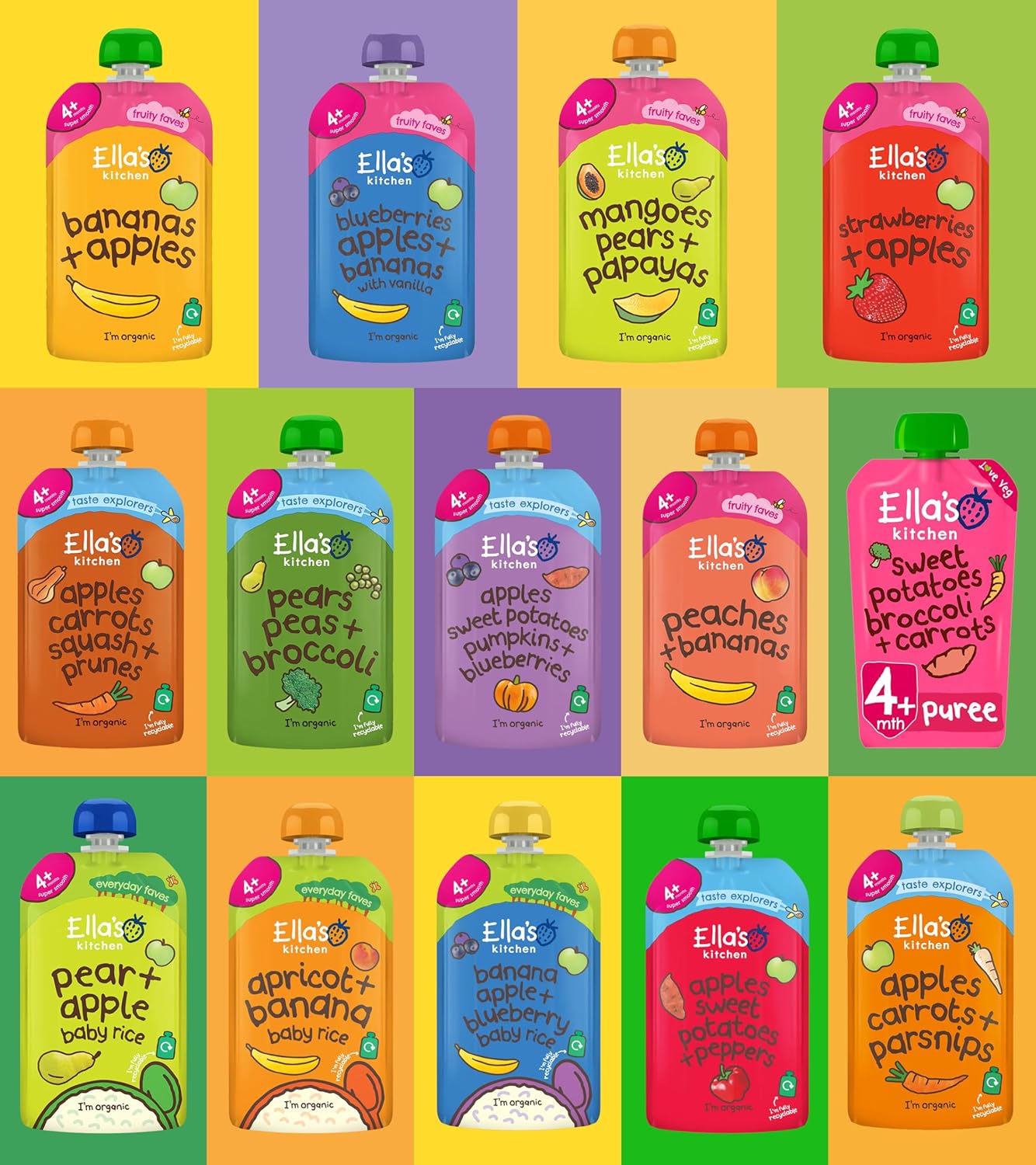 Ella's Kitchen Stage 1 Mixed Case Selections Organic Baby Food From 4+ Months (14x120g)