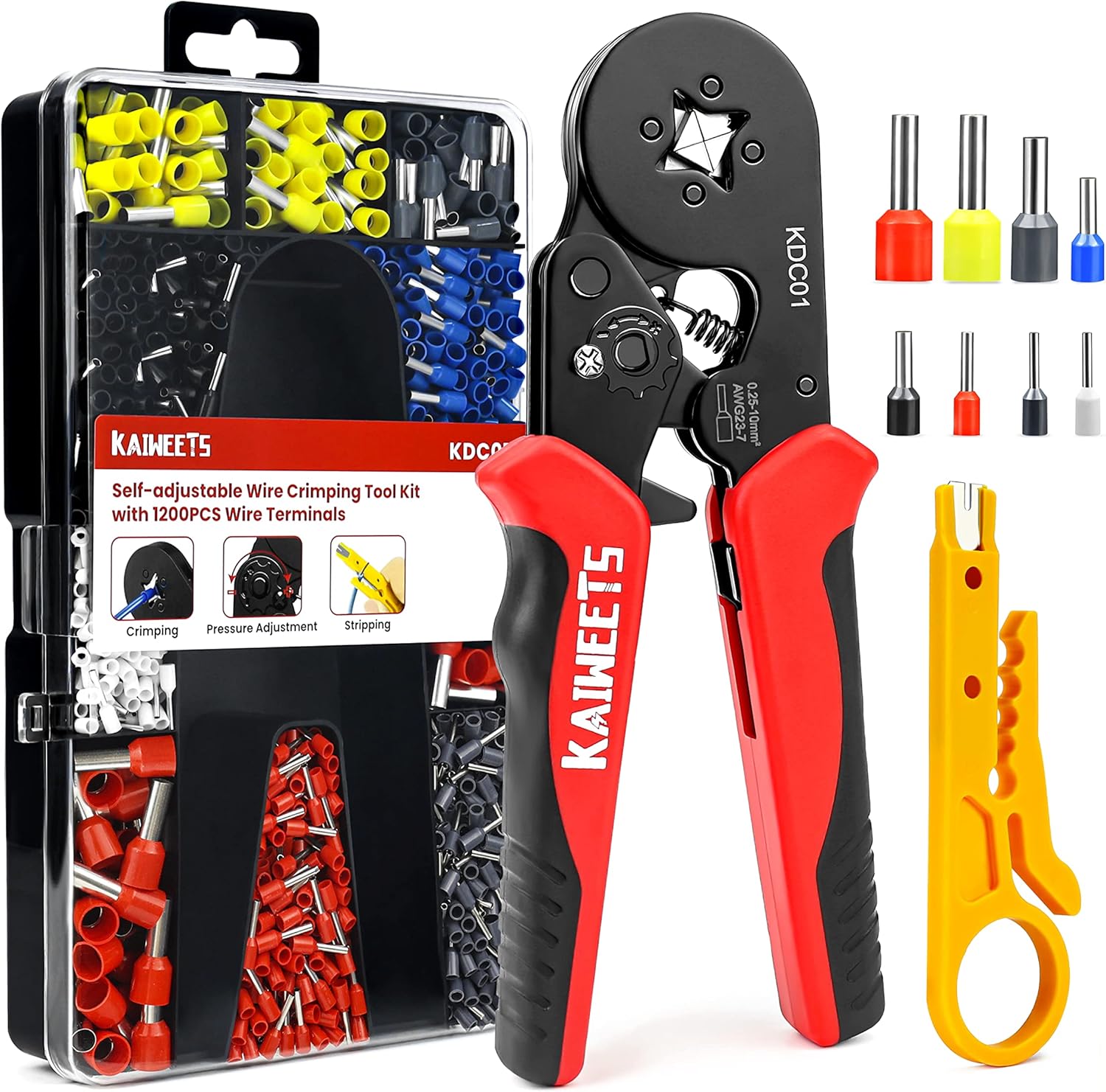 KAIWEETS Ferrule Crimping Tool Kit, AWG 23-7 Self-adjustable Wire Ferrule Crimper Plier Set with 1200pcs Wire Terminals Crimping Connectors Wire Ends Ferrules