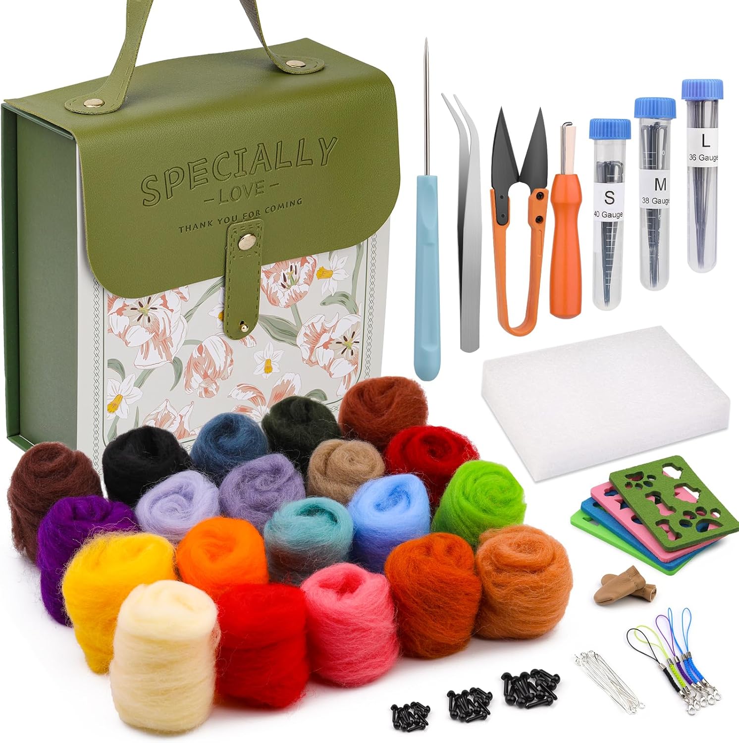 Mayboos Needle Felting Kit, Wool Roving 20 Colors Set, Wool Felting Kit Felt Molds with Portable Storage Box for DIY Craft Home Decoration (Green Bag)