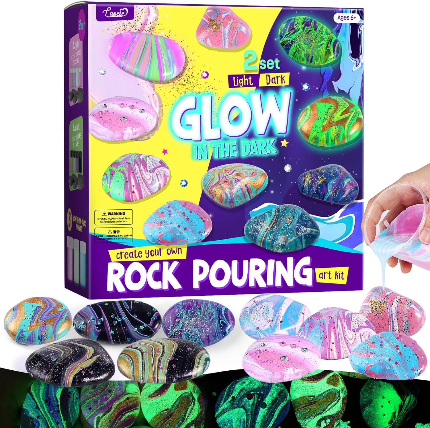 2 in 1 Rock Painting Art Kit - Glow in The Dark Pouring Rock Kit - Arts and Crafts for Kids Girls & Boys Ages 6-8, 8-12, Craft Paint Kits Art Toys, Art Supplies Christmas Birthday Gift for Kids