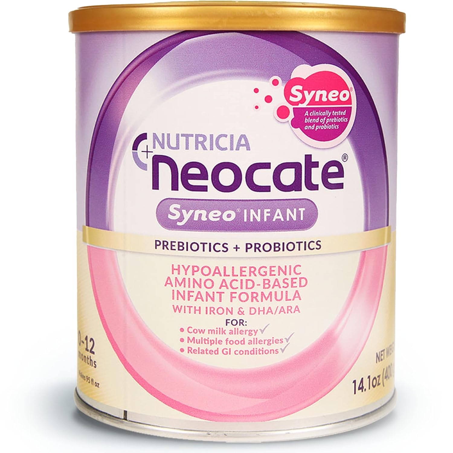 Neocate Syneo Infant - Hypoallergenic, Dairy-Free, Amino Acid-Based Baby Formula with Prebiotic Fiber, Probiotics & DHA/ARA - Food Allergy-Friendly Formula - 14.1 oz (Pack of 1)