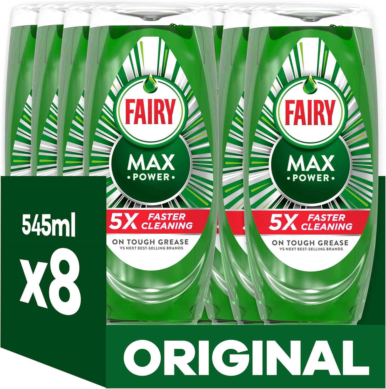 Fairy Max Power Washing Up Liquid Original 8 x 545ML, Easy & Effortless Cleaning, Even On Your Greasiest Pots & Pans
