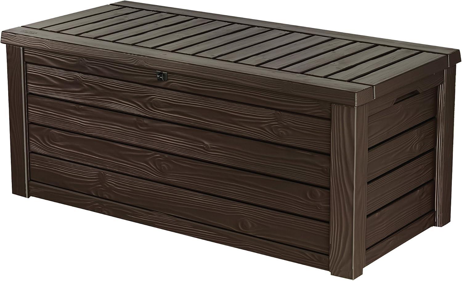 Keter Westwood 570L Outdoor 75% recycled Garden Furniture Storage Box Brown Wood Panel Effect ; Fade Free ; All Weather Resistant ; Safe and Secure ; Zero Maintenance ; 2 year Warranty