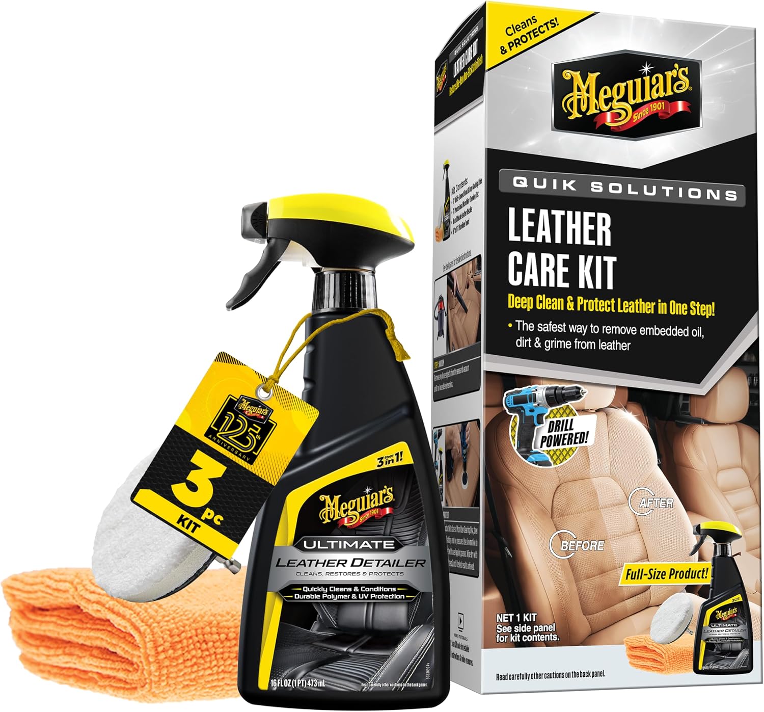 Meguiar's Leather Care Kit,This Car Care Kit Includes a Premium Car Leather Cleaner and Conditioner, Drill Backing Plate, Cleaning Disc, Microfiber to Effectively Deep Clean, Nourish & Protect, Kit