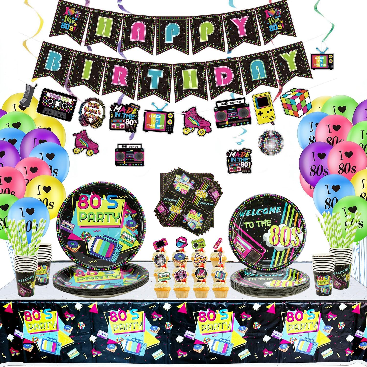 80s Party Supplies - Back to the 80s Party Decorations Set Including Hanging Swirls, Plates, Cups, Napkins, Tablecloth, Banner, Balloons - Serves 20