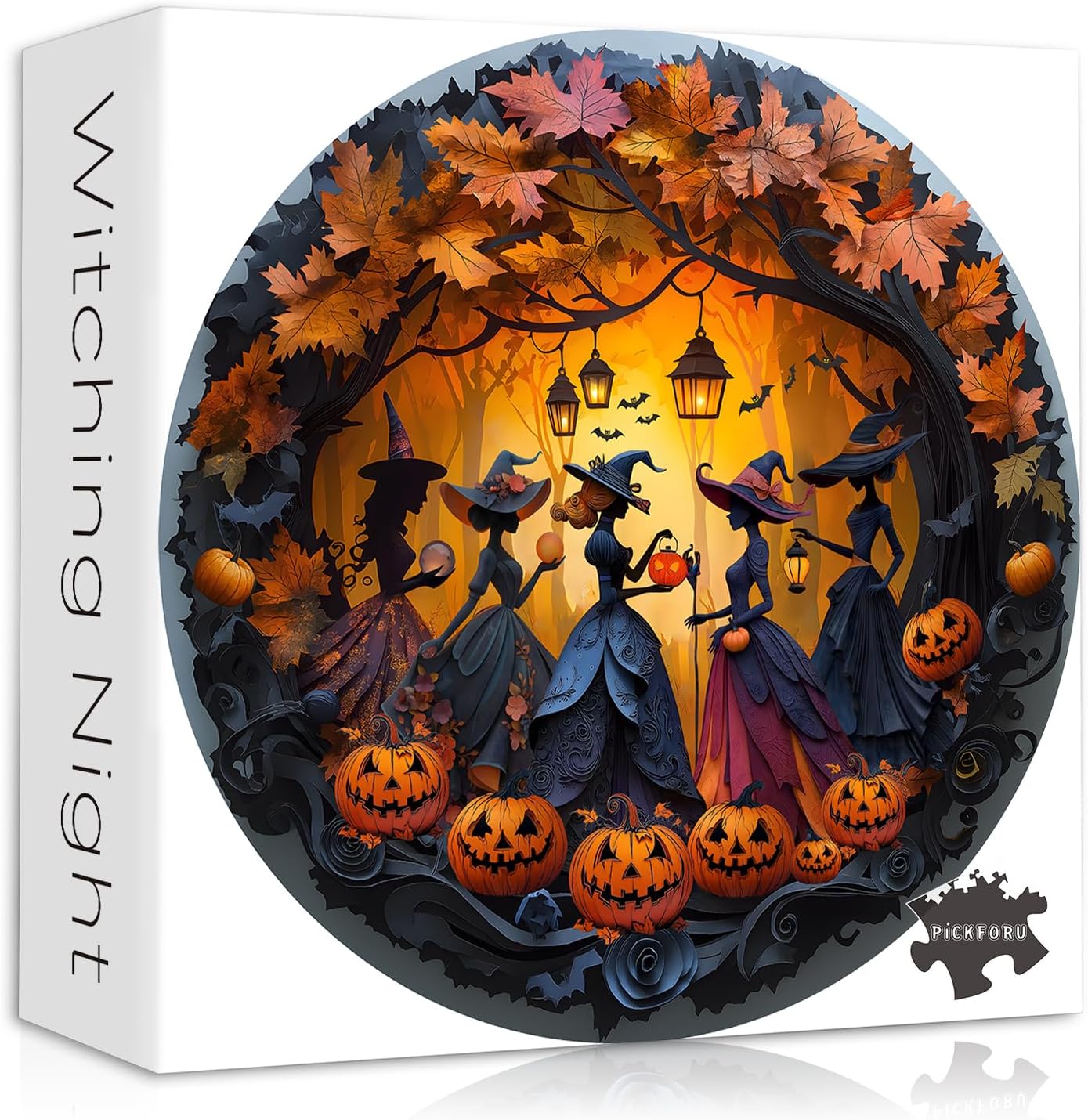 Halloween Witch Puzzles for Adults 1000 Pieces, PICKFORU Witching Night Jigsaw Puzzle, Round Fall Pumpkin Lanterns Bats Forest Art, Autumn Magical Women Tree Puzzle Aesthetic