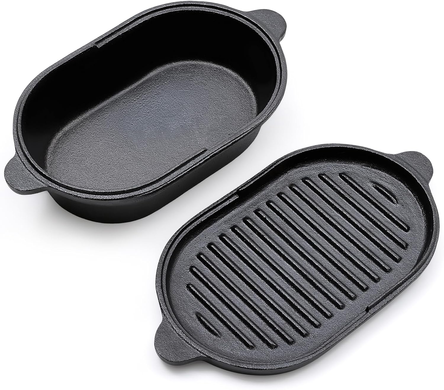 Warmiehomy 2 in 1 Cast Iron Dutch Oven,23cm Pre-Seasoned Cast Iron Pot with Skillet Lid,Non-Stick Skillet and Pot Set with Two Handles for Indoor Outdoor,Oval 2L