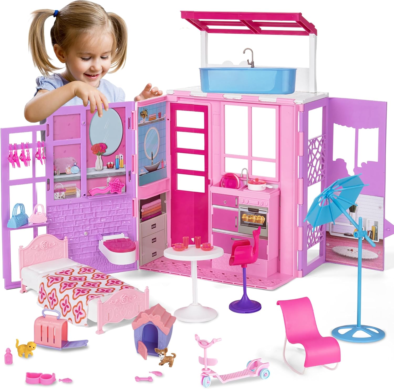 Doll House for 11.5-inch Dolls, 2-Story Foldable Dollhouse with 37 pcs Furnitures & Accessories, Playhouse with Pet House, Gifts for Girls Kids Toddlers