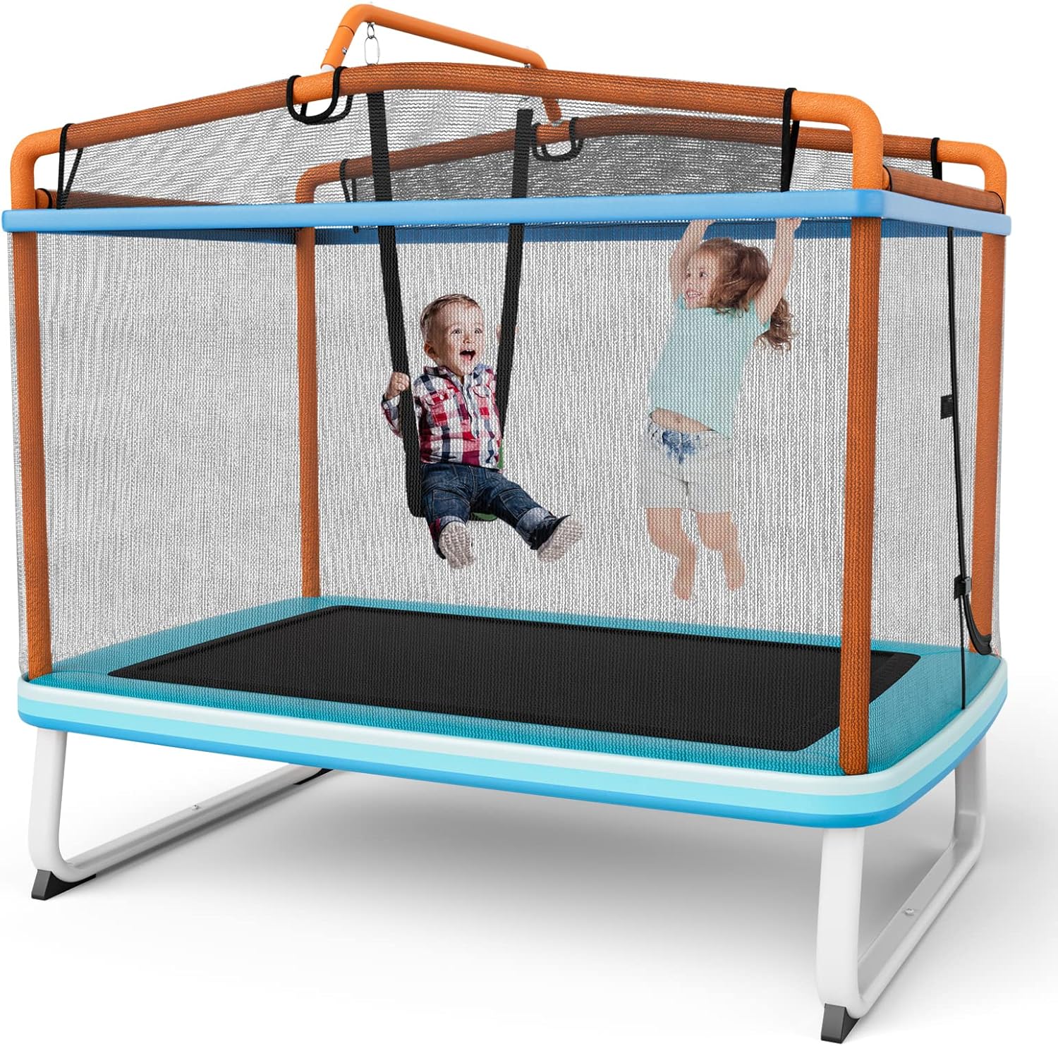 GYMAX Trampoline for Kids, 75” ASTM Approved Recreational Trampolines with Swing, Horizontal Bar & Enclosure Net, Mini Rectangle Trampoline for Baby Toddlers Indoor/Outdoor