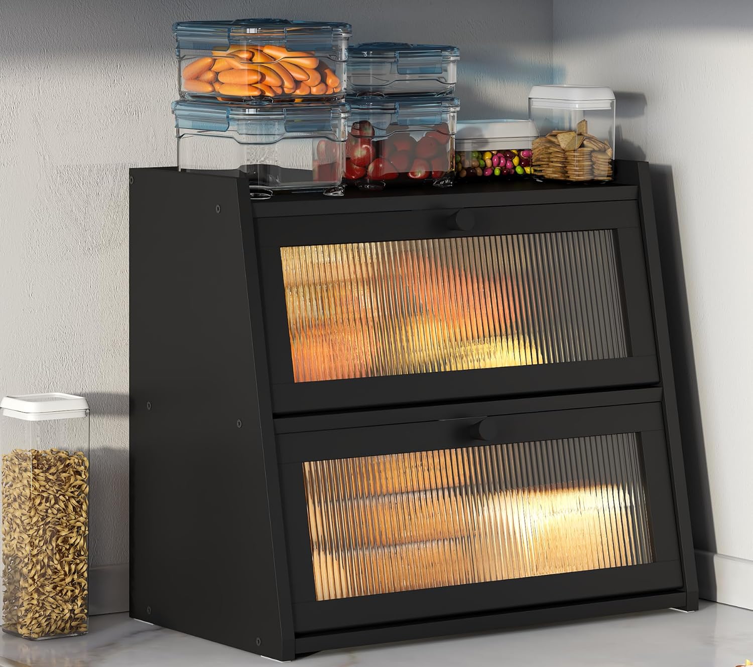 Black Bread Box, Double Layer Large Bread Box for Kitchen Counter, Bamboo Bread Storage Container with Wavy Acrylic Transparent Door