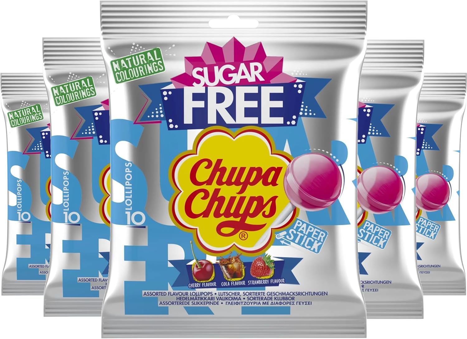 Chupa Chups Sugar Free Lollipop Gift Bags, Cherry, Cola & Strawberry Flavoured Party Sweets - 12 x 10 Lollies