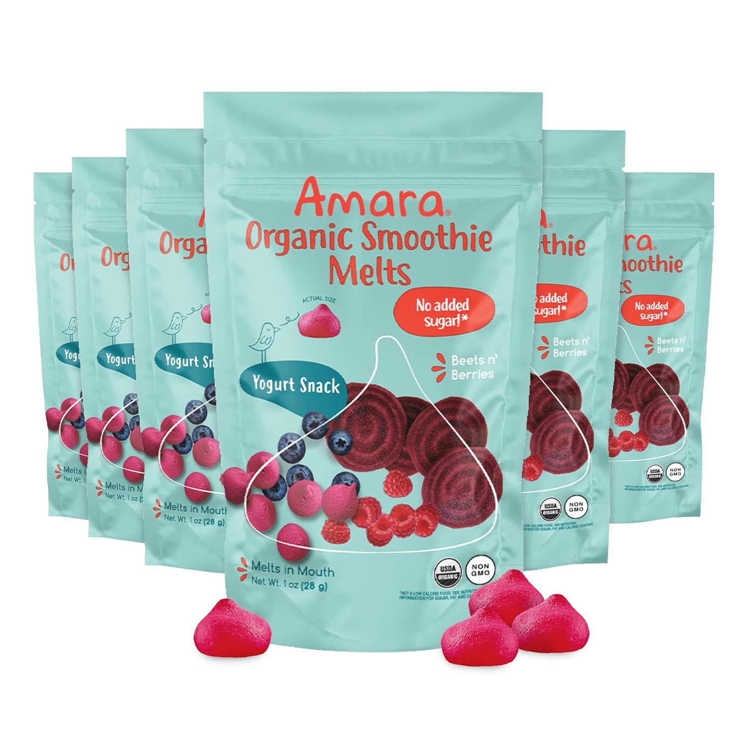 Amara Smoothie Melts - Beets n' Berries - Baby Snacks Made With Fruits and Vegetables - Healthy Toddler Snacks For Your Kids Lunch Box - Organic Yogurt Melts - 6 Resealable Bags