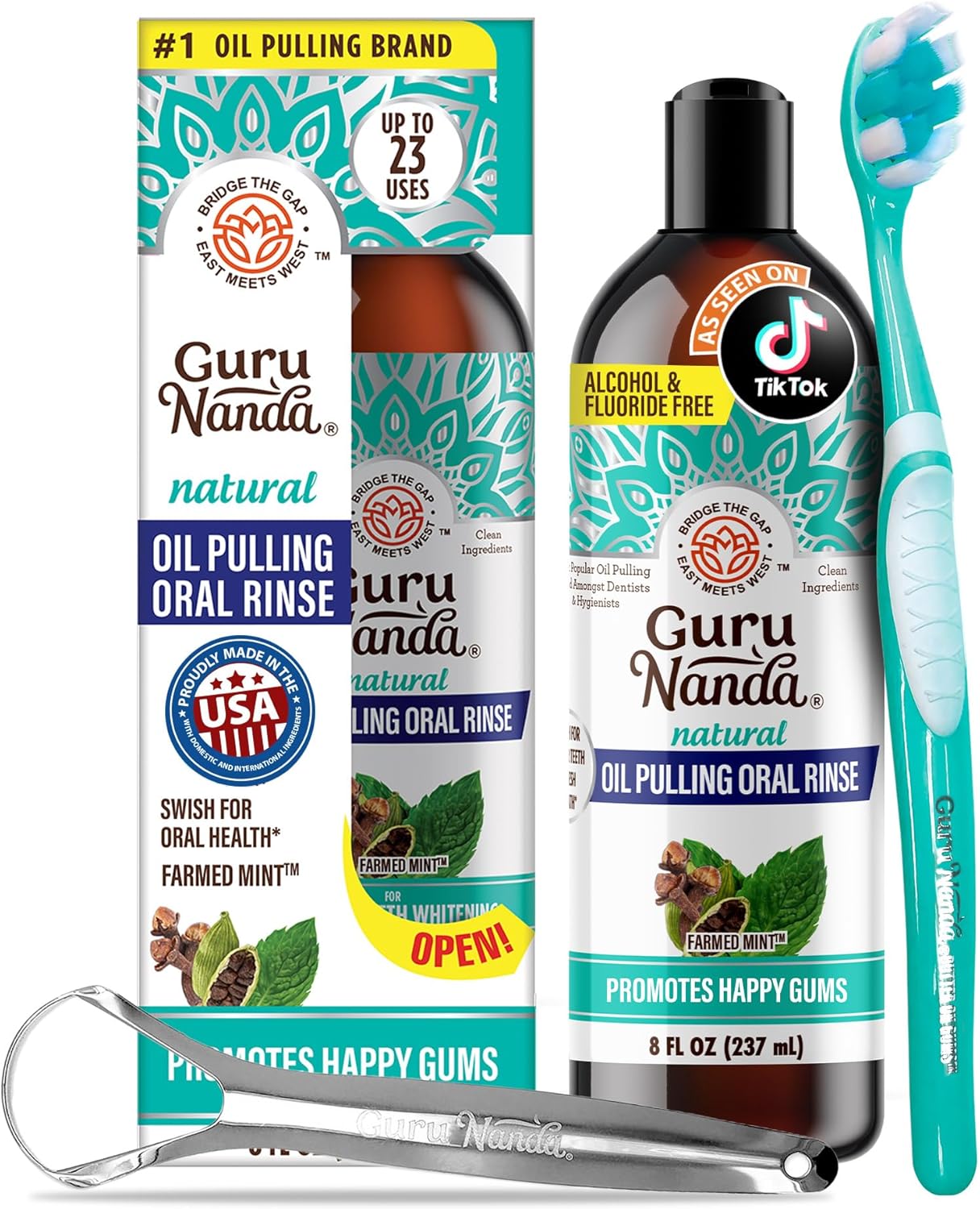 GuruNanda CocoMint Oil Pulling Mouthwash for Complete Oral Hygiene, 7 Essential Oils & Vitamins for Happy Teeth & Gums & Fresh Breath, Alcohol-Free, (237ml)