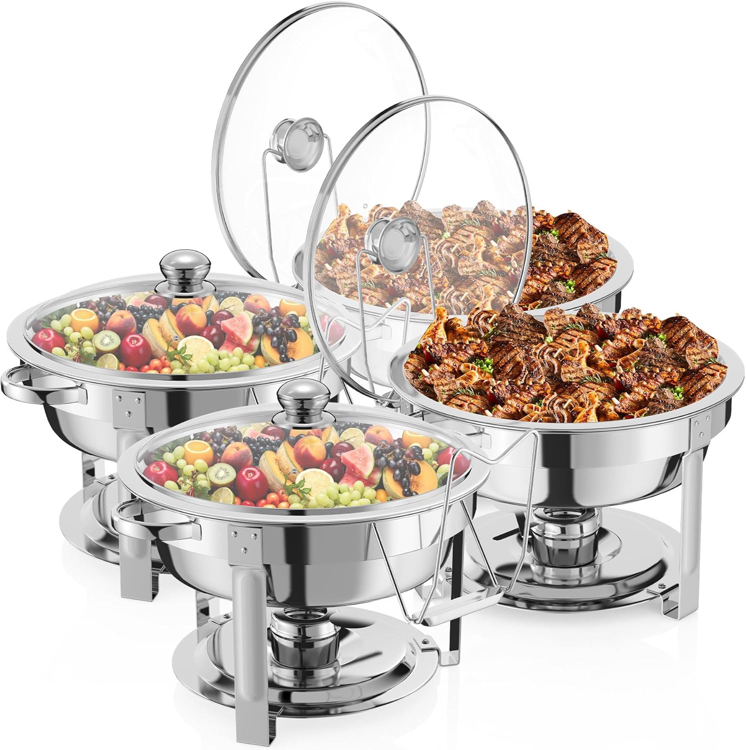 NArra 4-Pack Round 6L Chafing Dish Buffet Set, Food Warmer with Glass Cover, Buffet Warmer, Stainless Steel Buffet Serving Plates, Thick Catering Hot Pot for Parties, Weddings, Picnics, Buffets