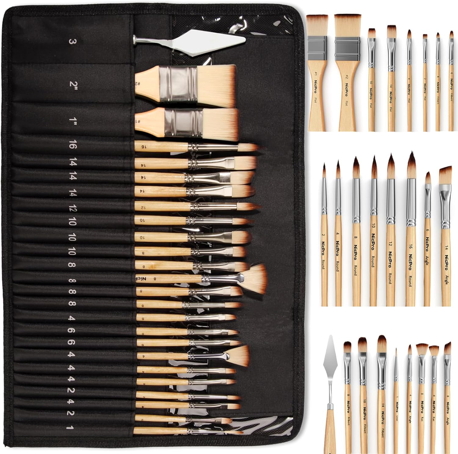 Nicpro 26pcs Paint Brush Set, Professional Paintbrushes with Cloth Roll, Artist Paint Brushes for Acrylic Painting, Oil, Watercolour, Gouache, Adults Kids Art Painting Tools Supplies