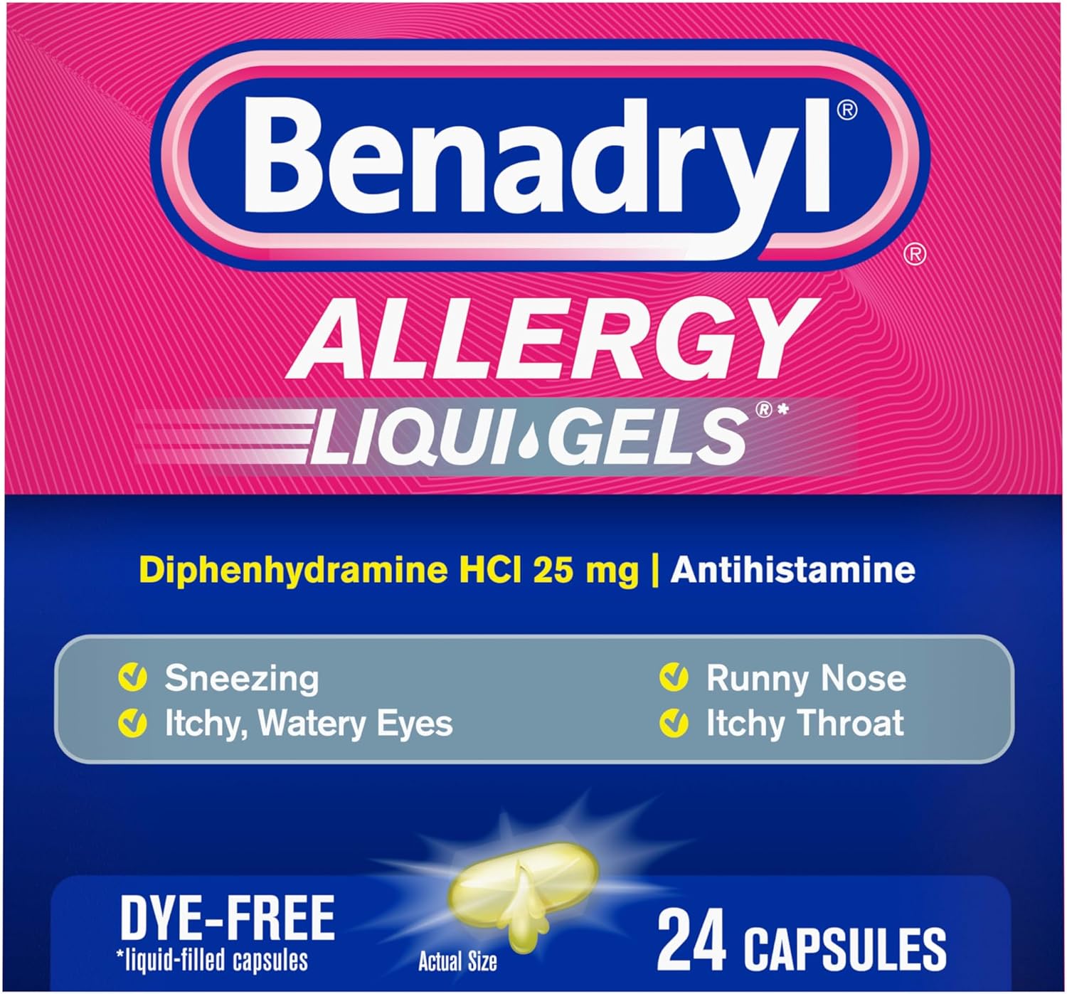 Benadryl Liqui-Gels Allergy Medicine, 25 mg Diphenhydramine HCl, 24 ct