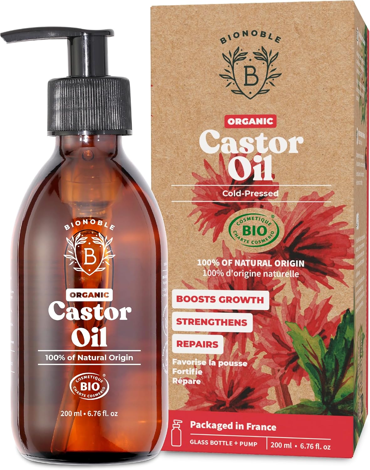 BIONOBLE Castor Oil Organic and Cold Pressed - Glass Bottle and Pump - Vegan and Hexane Free Organic Castor Oil - Hair Growth Oil, Lash Serum, Beard Oil - 200ml