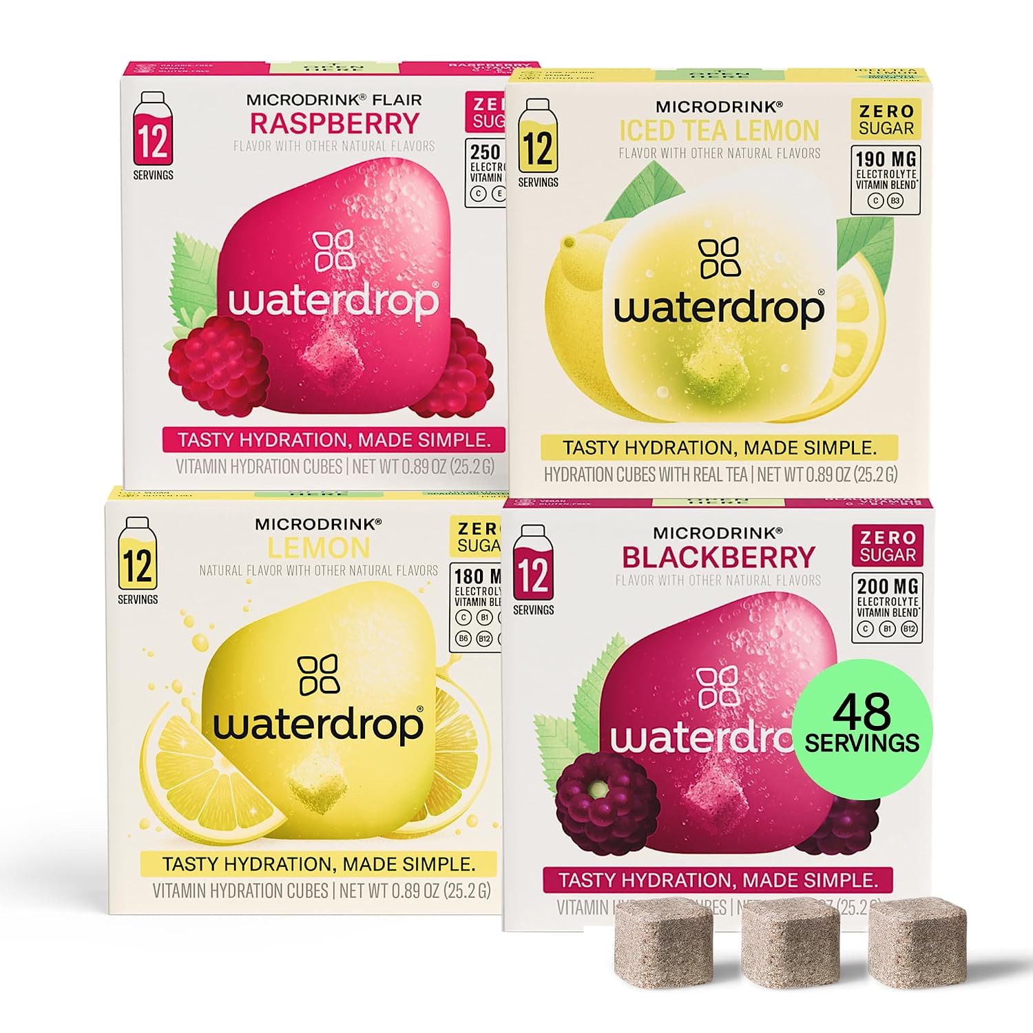 Waterdrop Hydration Cubes With Vitamin C, B Vitamins and Electrolytes, 4 Flavor Electrolyte Variety Pack, Flavored Water Enhancer Cubes for Still & Sparkling Water, Low Calorie, Sugar Free, 48 Count