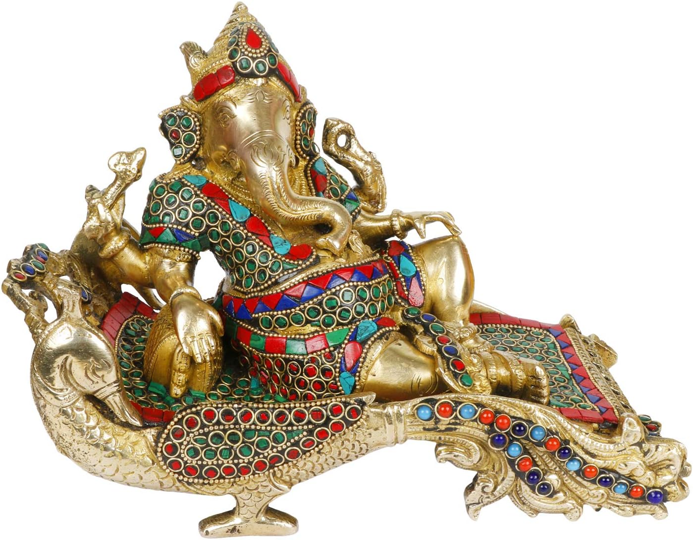 Brass Ganesha Resting On Couch Statue Home Decor Gift Decorated with Multicolored Stone Ganpati Idol Murti -Height 7.5" Length 11"