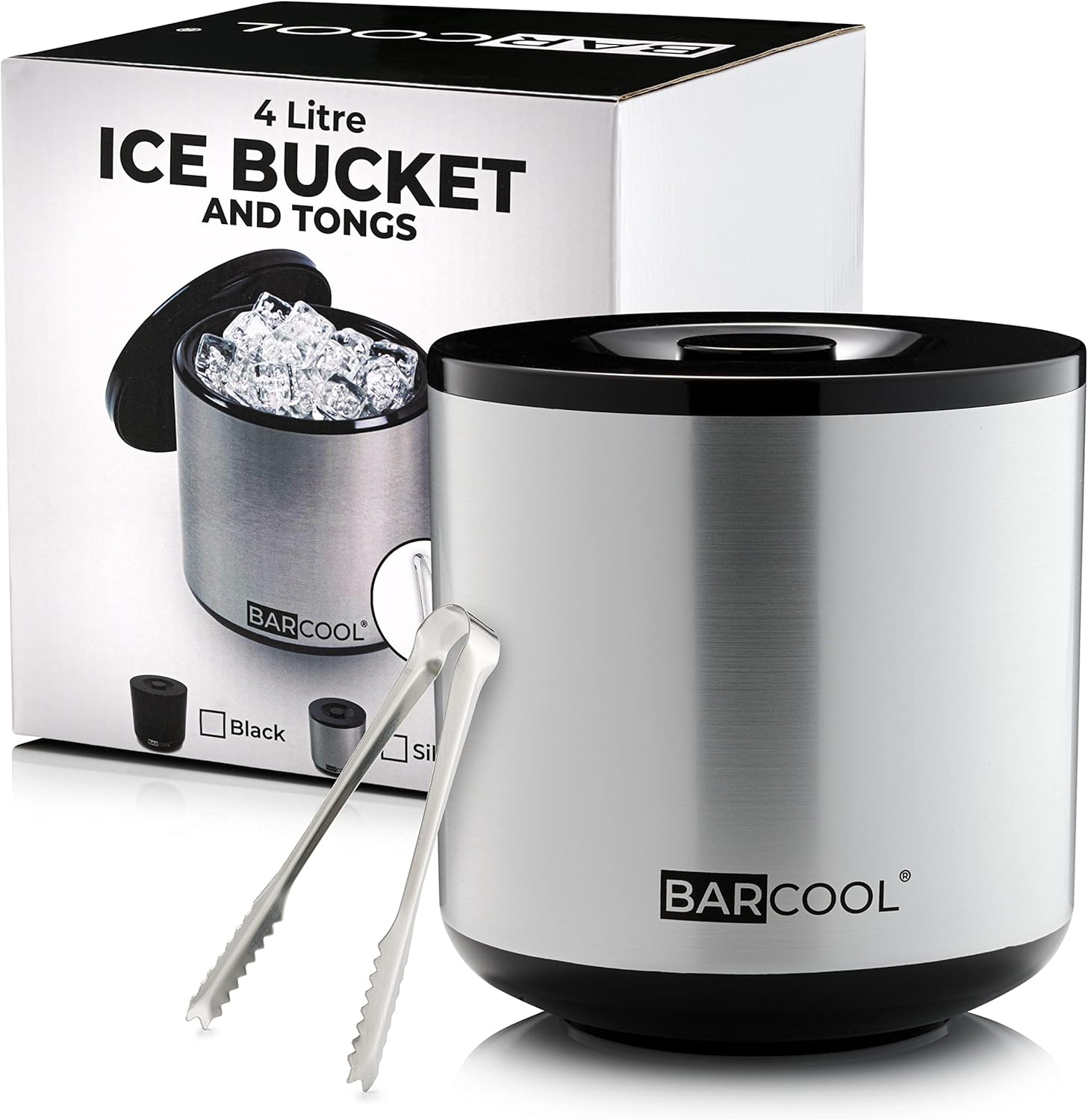 Barcool Ice Bucket with Lid and Ice Tongs | 4 Litre | Round & Double Walled Insulation | Perfect for Home Bars, Pubs, Restaurants, BBQs and Picnics (Silver)