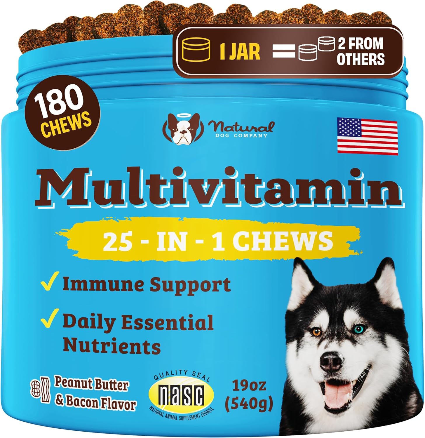 Natural Dog Company Multivitamin Chews (180 Pcs) Dog Vitamins & Supplements, Peanut Butter & Bacon Flavor, Dogs, Supports Immune System, Antioxidant, Vitaminas para Perros, Multi Dog Families